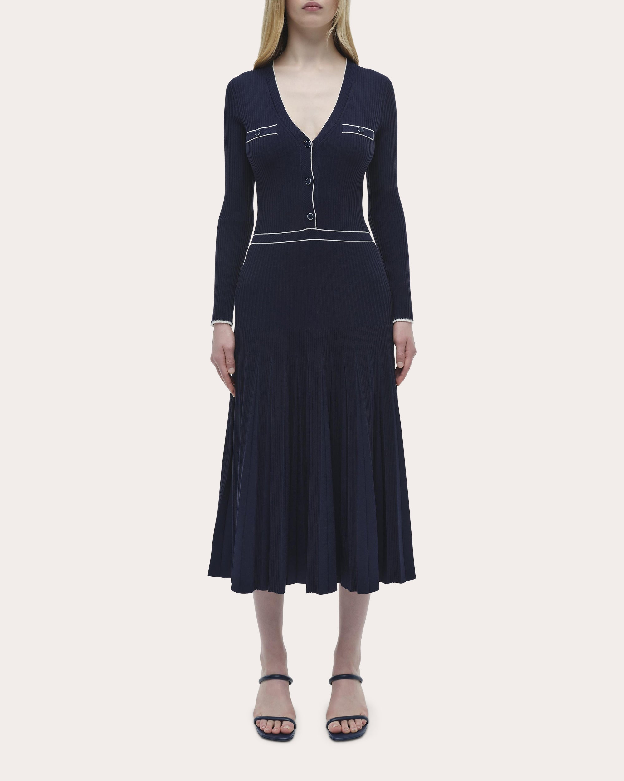open lace back dress Heloisa Rib Knit Pleated Midi Dress