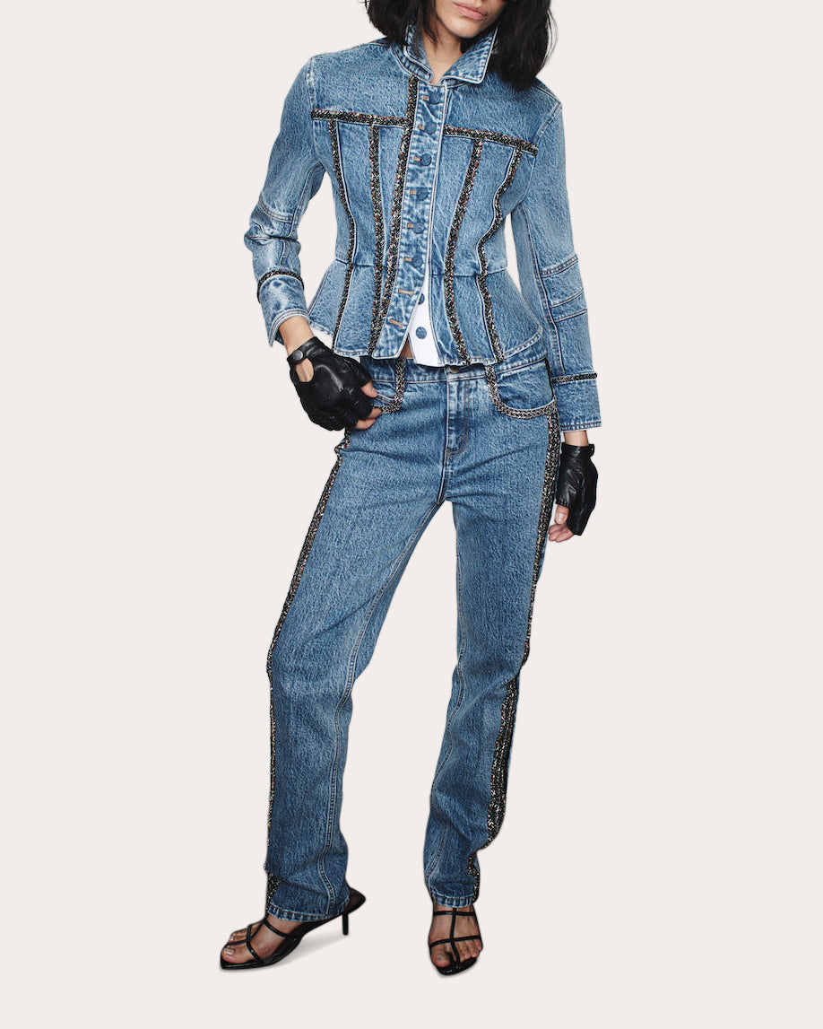 Kai Beaded Peplum Denim Jacket