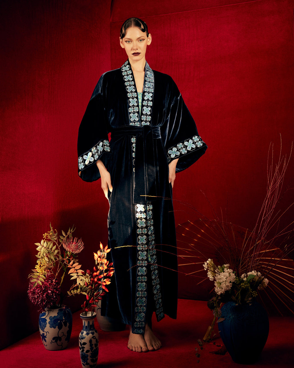 Nikko Embroidered Velvet Long Kimono