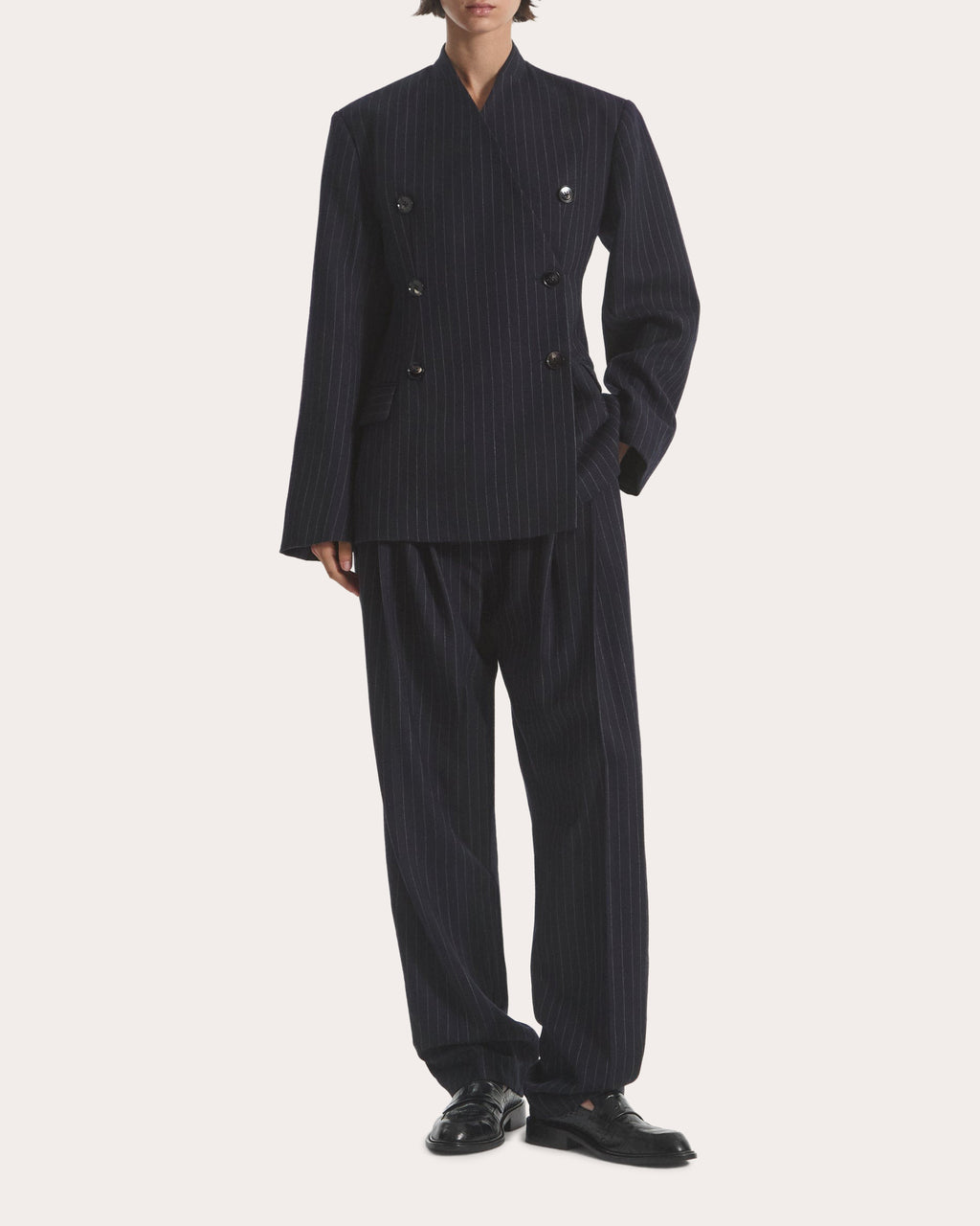 Pinstripe Wool Collarless Blazer