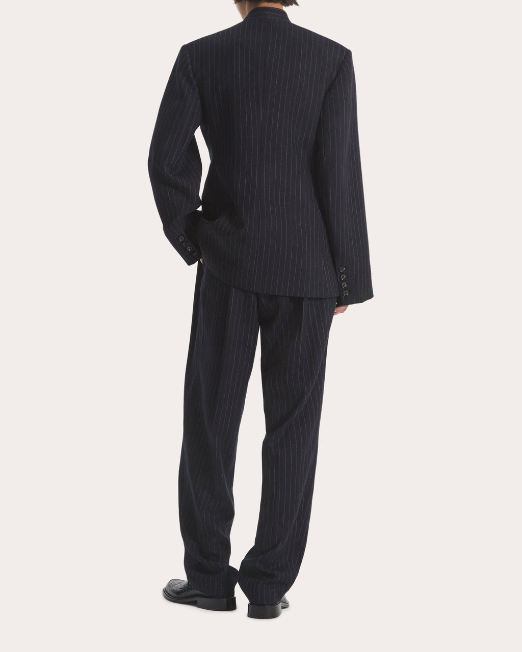 Pinstripe Wool Collarless Blazer