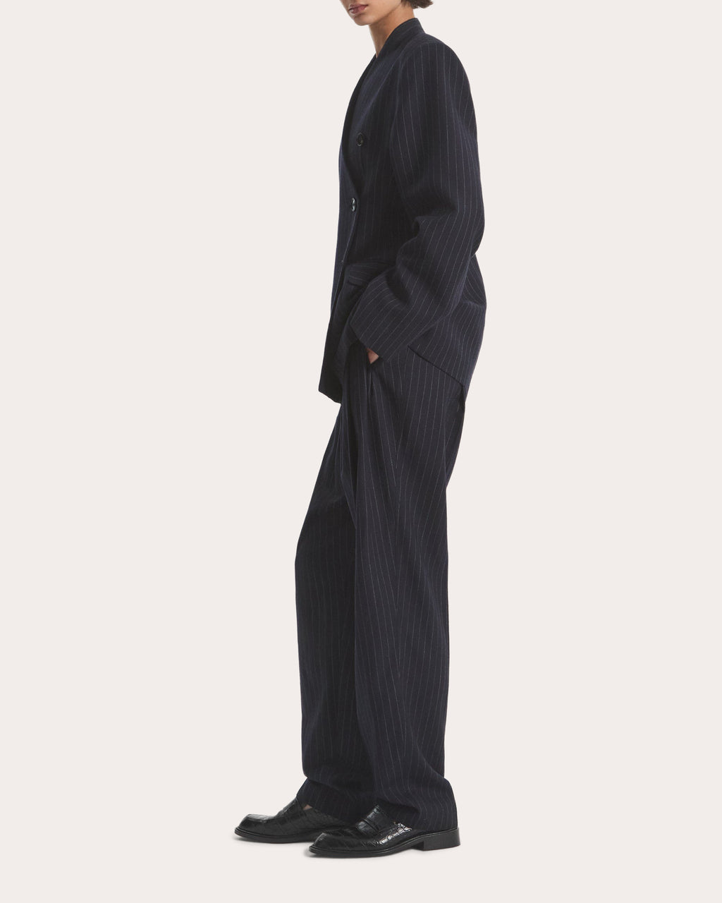 Pinstripe Wool Collarless Blazer