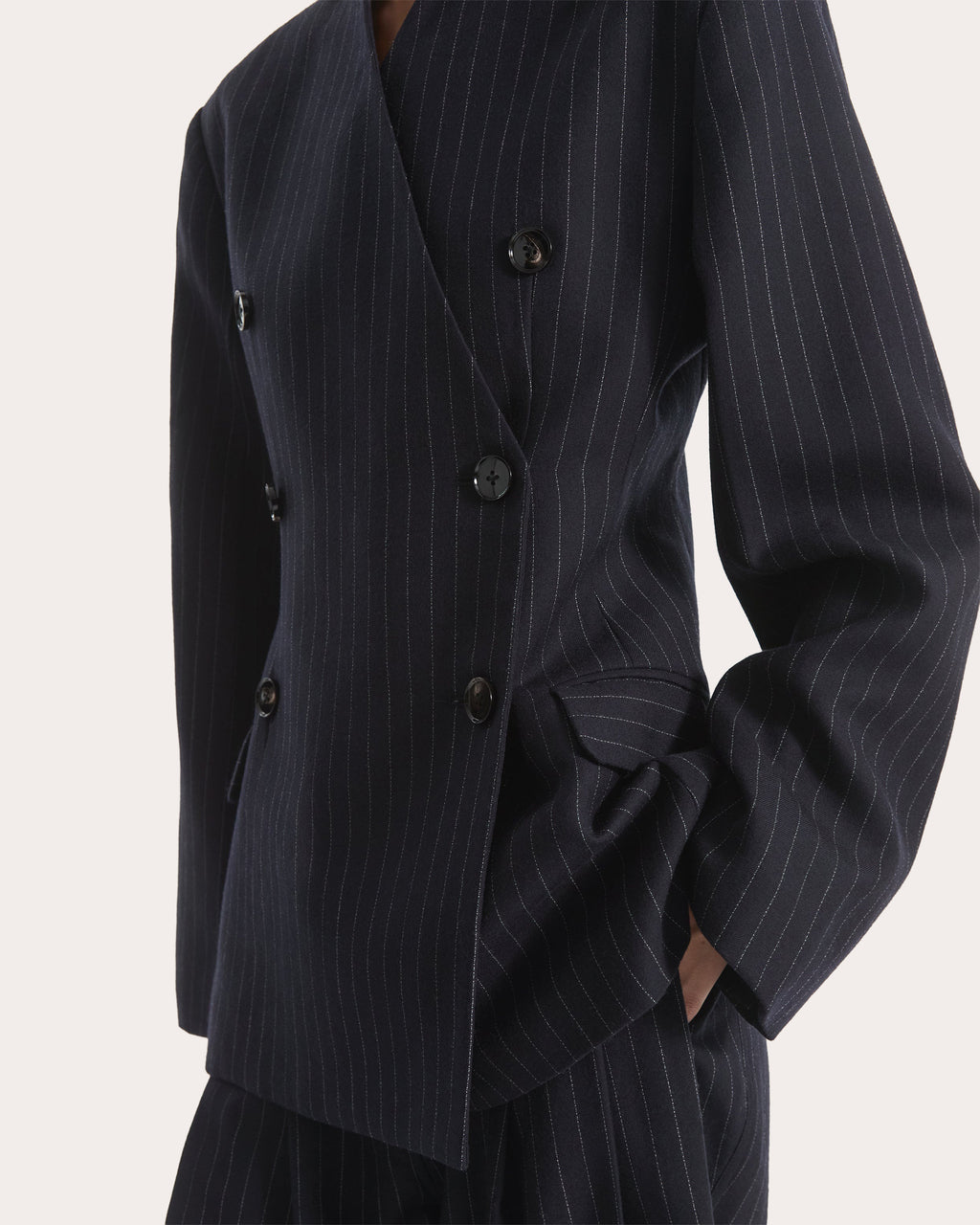 Pinstripe Wool Collarless Blazer