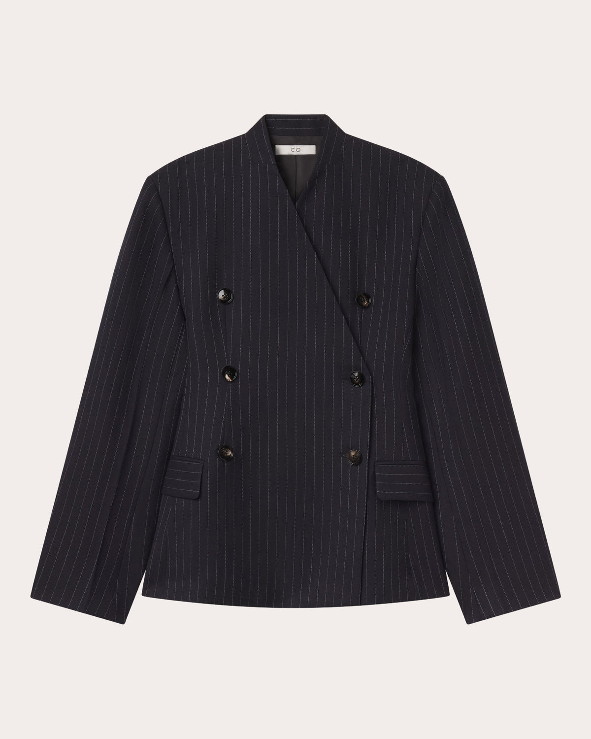 Pinstripe Wool Collarless Blazer