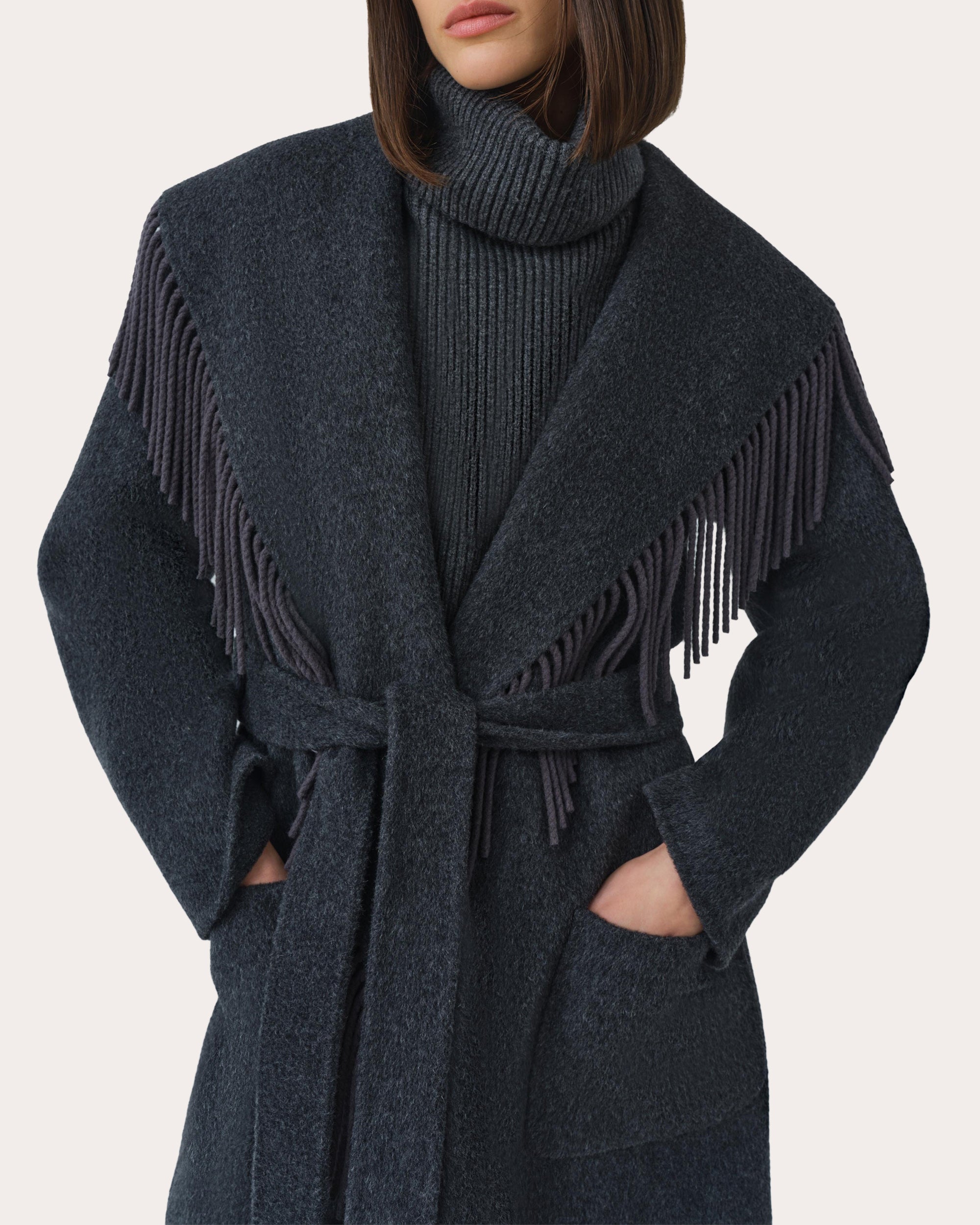 Carrie Fringe Wool Wrap Coat