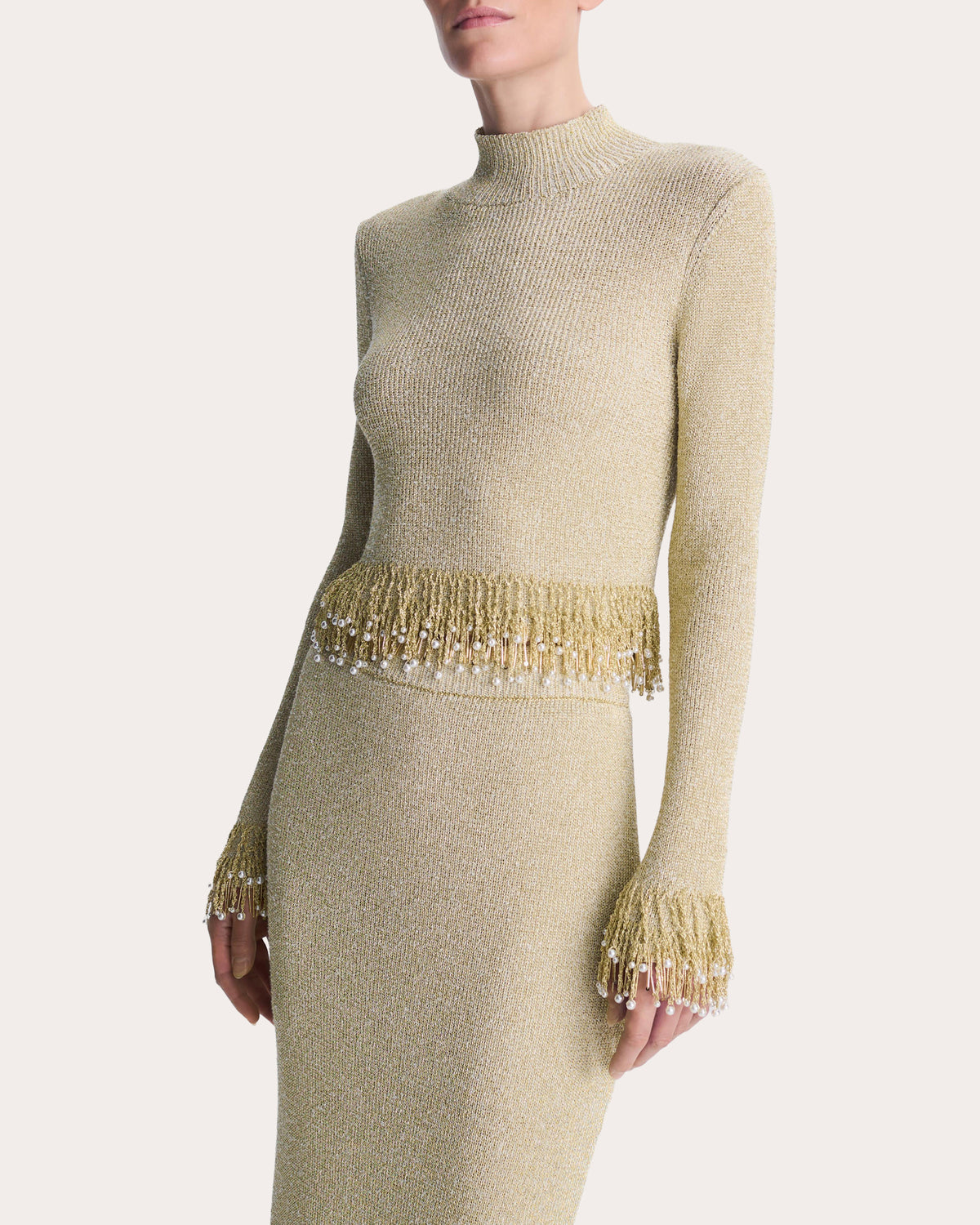 Tali Metallic Bouclé Fringe Mock Neck Top