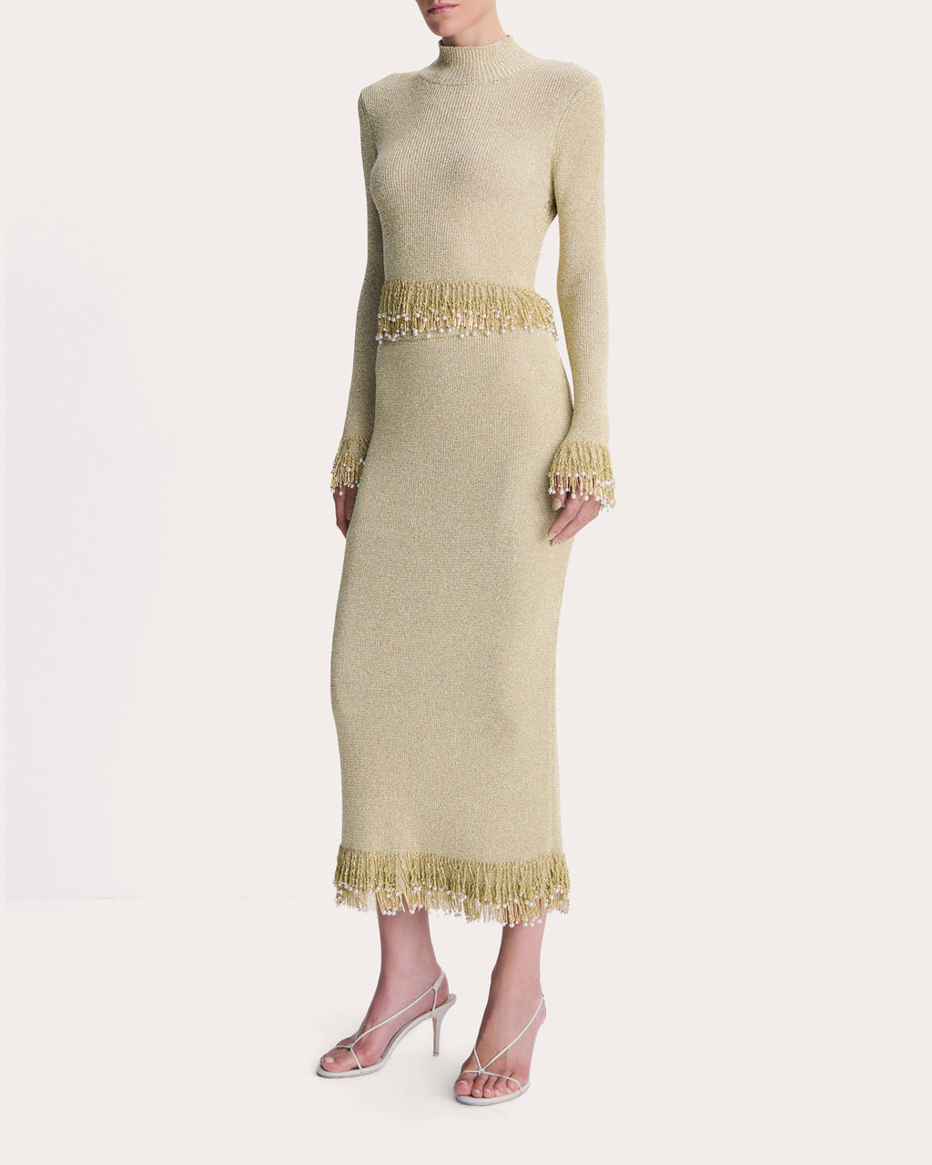 Zeni Metallic Bouclé Fringe Midi Skirt