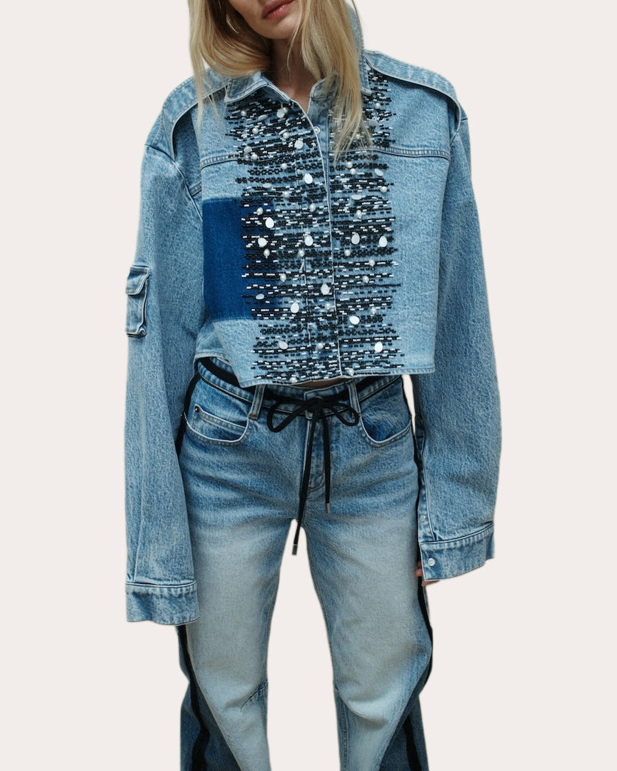 Trey Beaded High-Low Denim Jacket