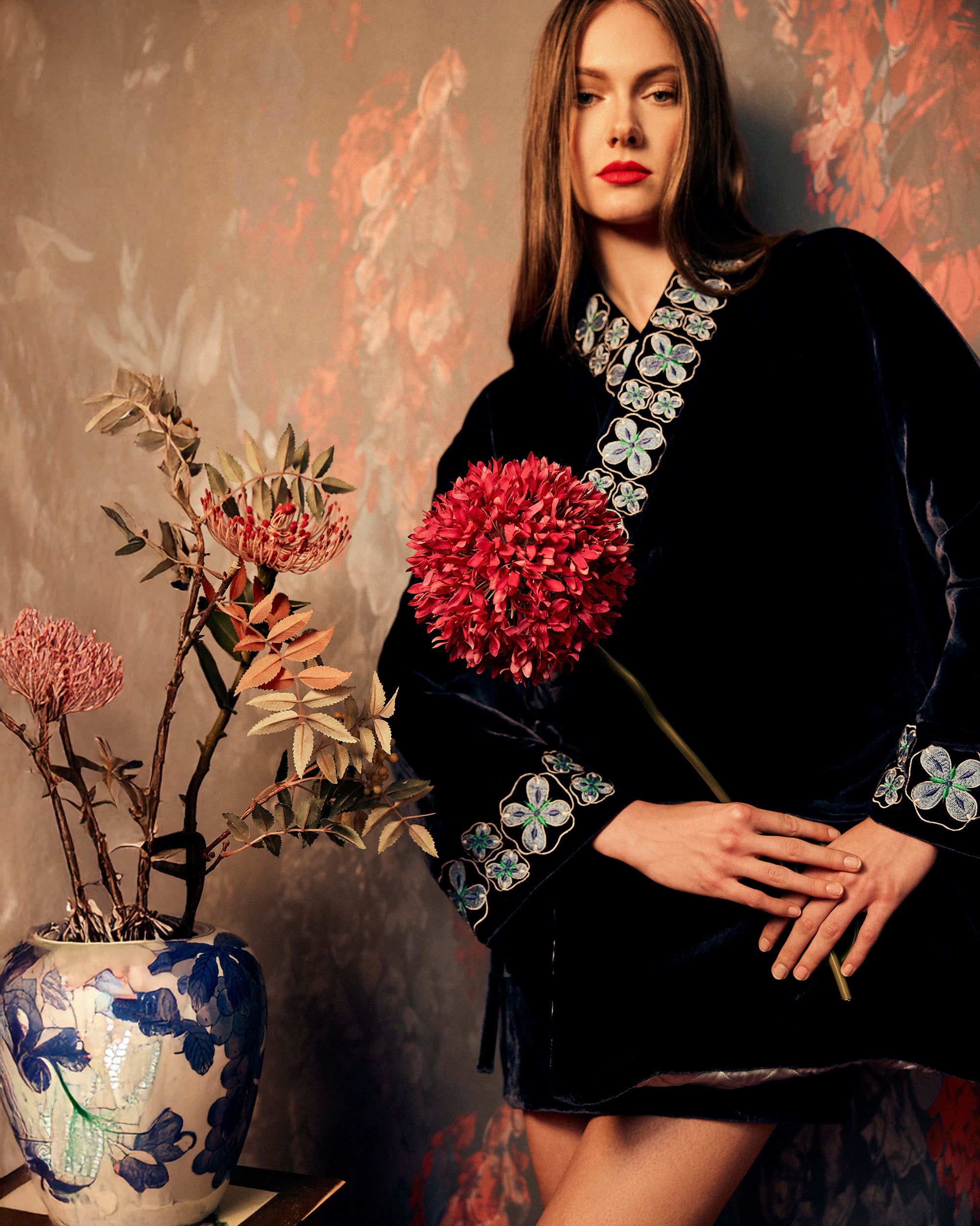 Hanten Embroidered Velvet Wrap Jacket