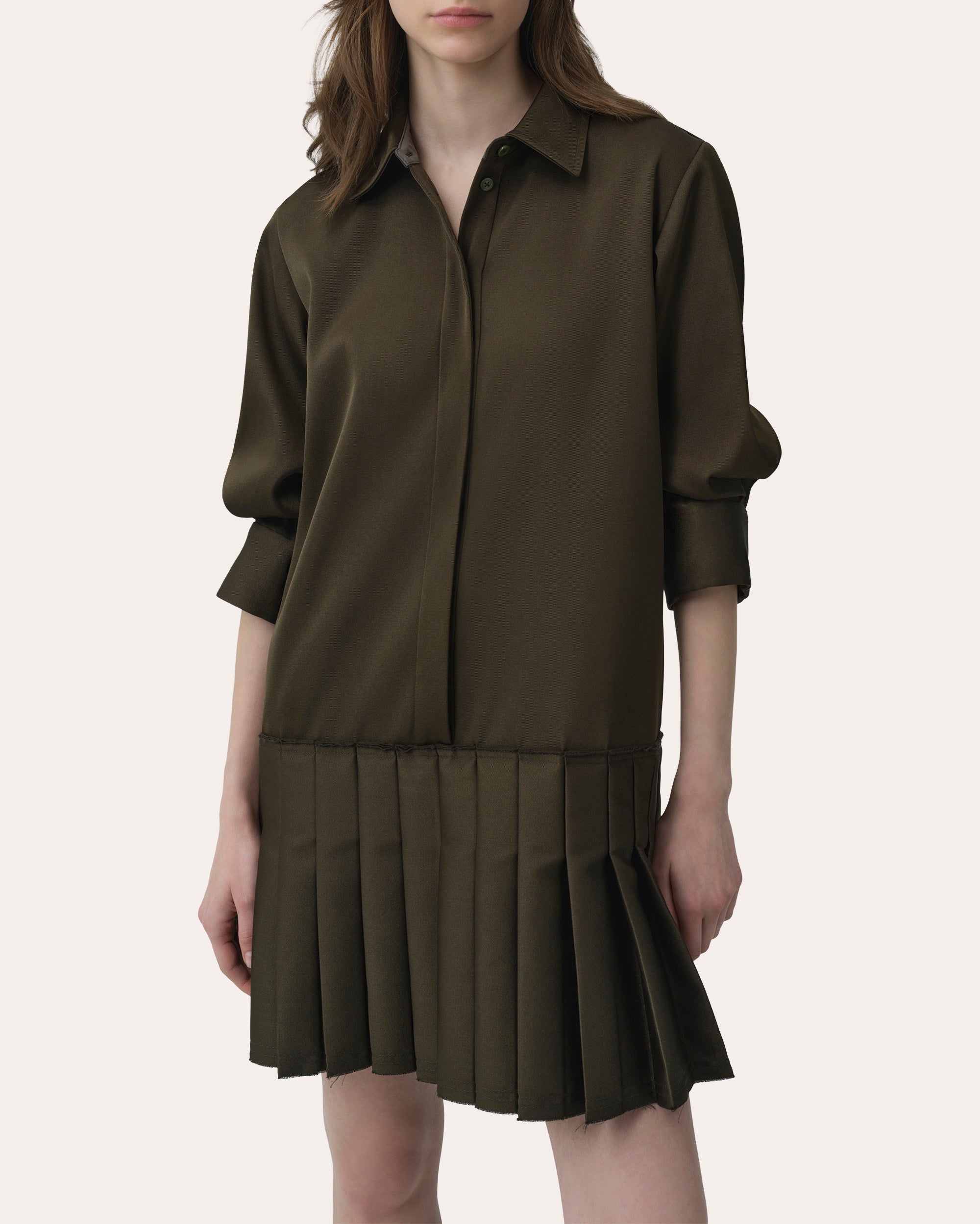 Regina Twill Pleated Drop-Waist Shirt Dress