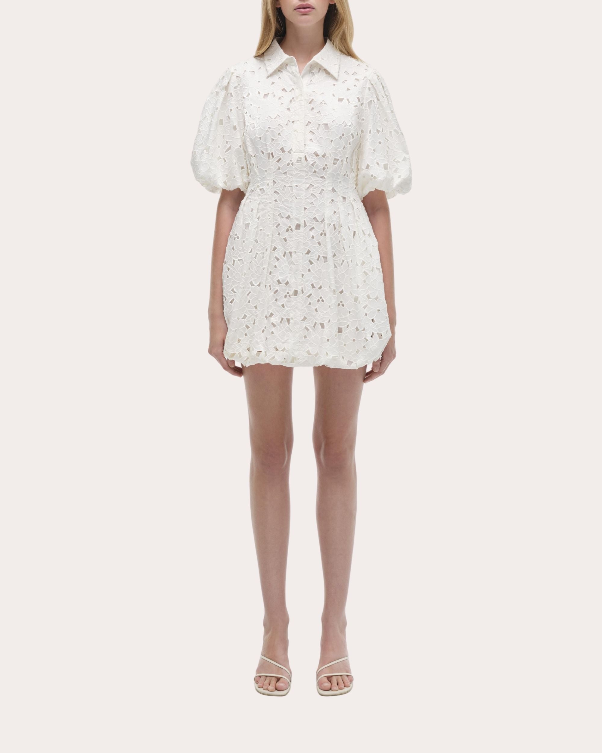Cleo Embroidered Cotton Puff-Sleeve Mini Shirt Dress