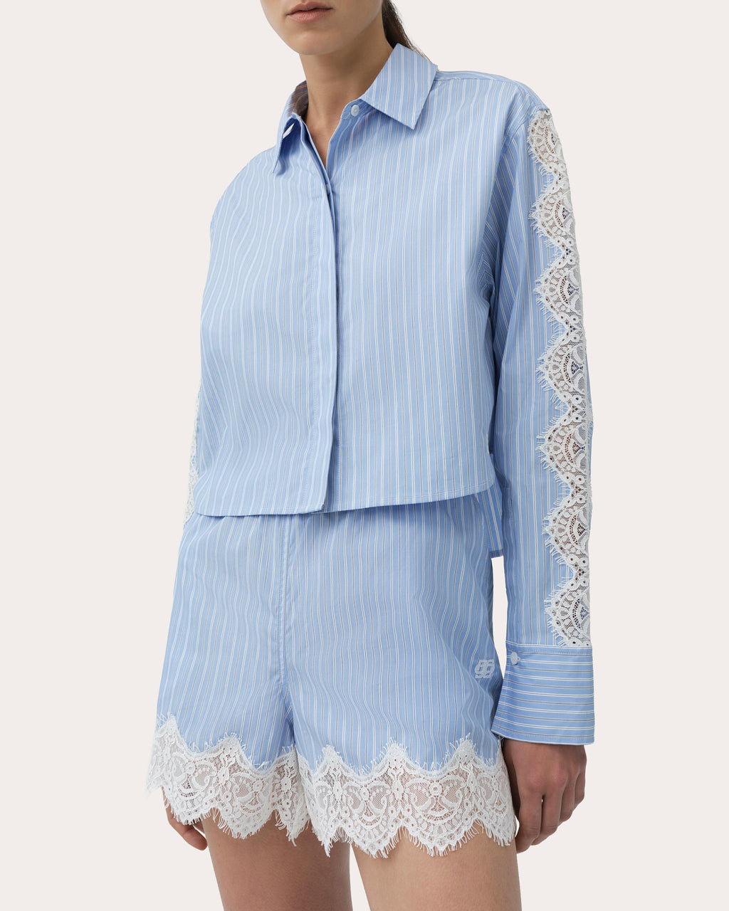 Renata Stripe Poplin Lace Crop Button-Up