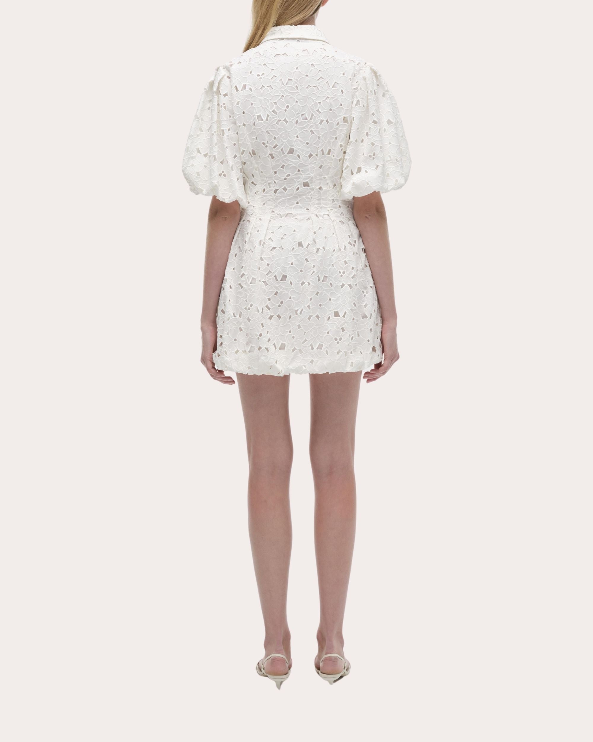 Cleo Embroidered Cotton Puff-Sleeve Mini Shirt Dress