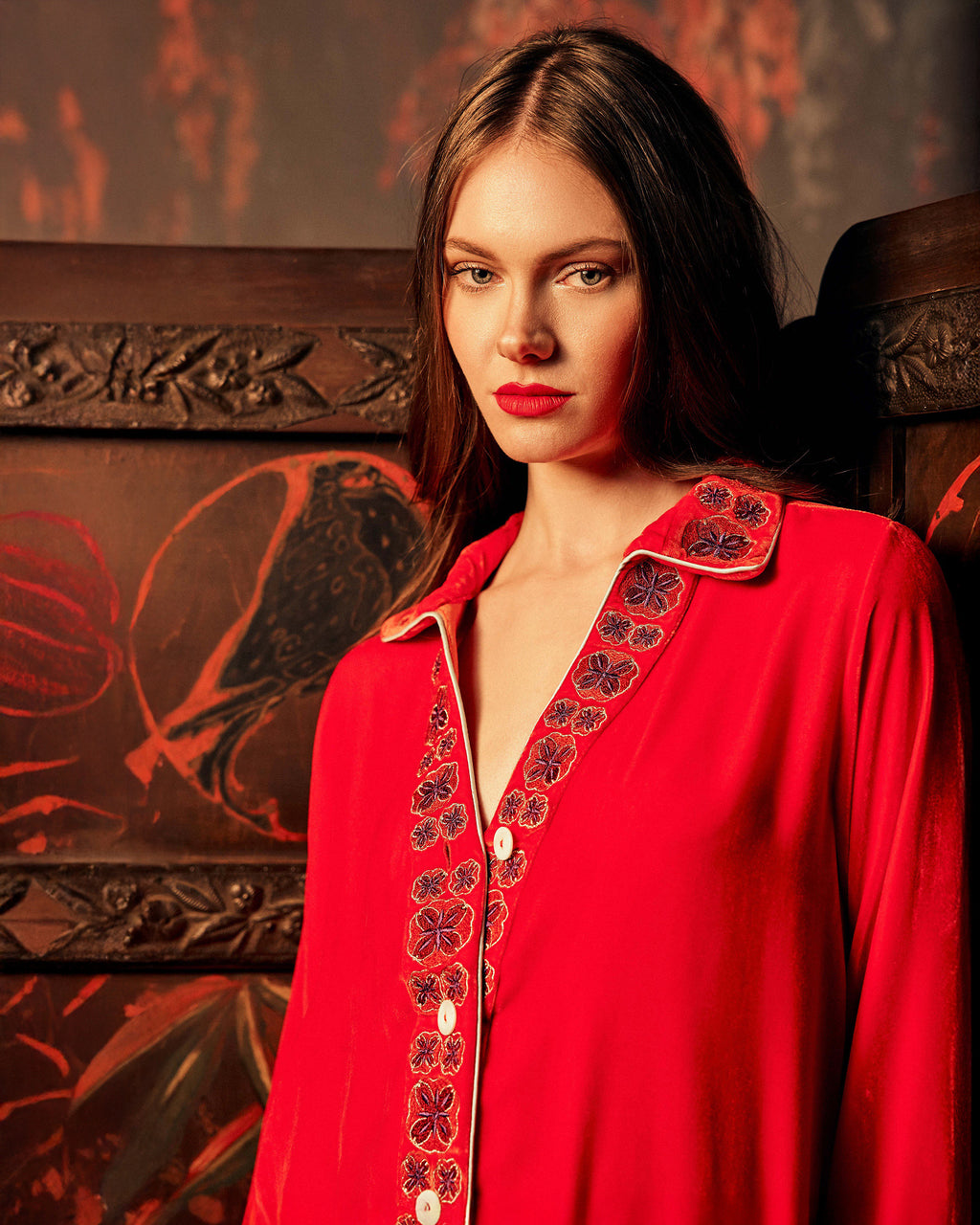 Tokyo Embroidered Velvet Pajama Set