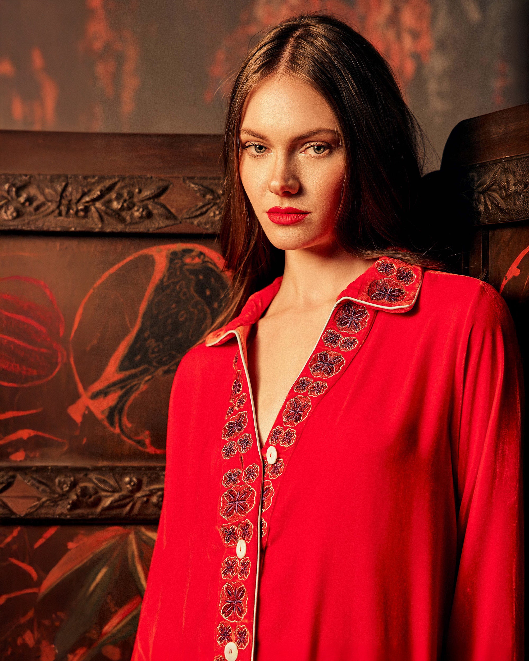 Tokyo Embroidered Velvet Pajama Set