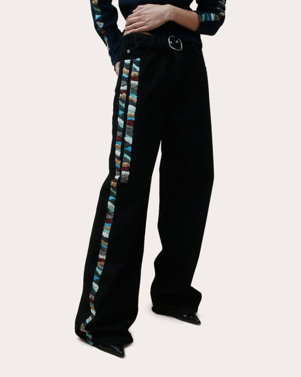 Lio Embroidered Belted Wide-Leg Jeans