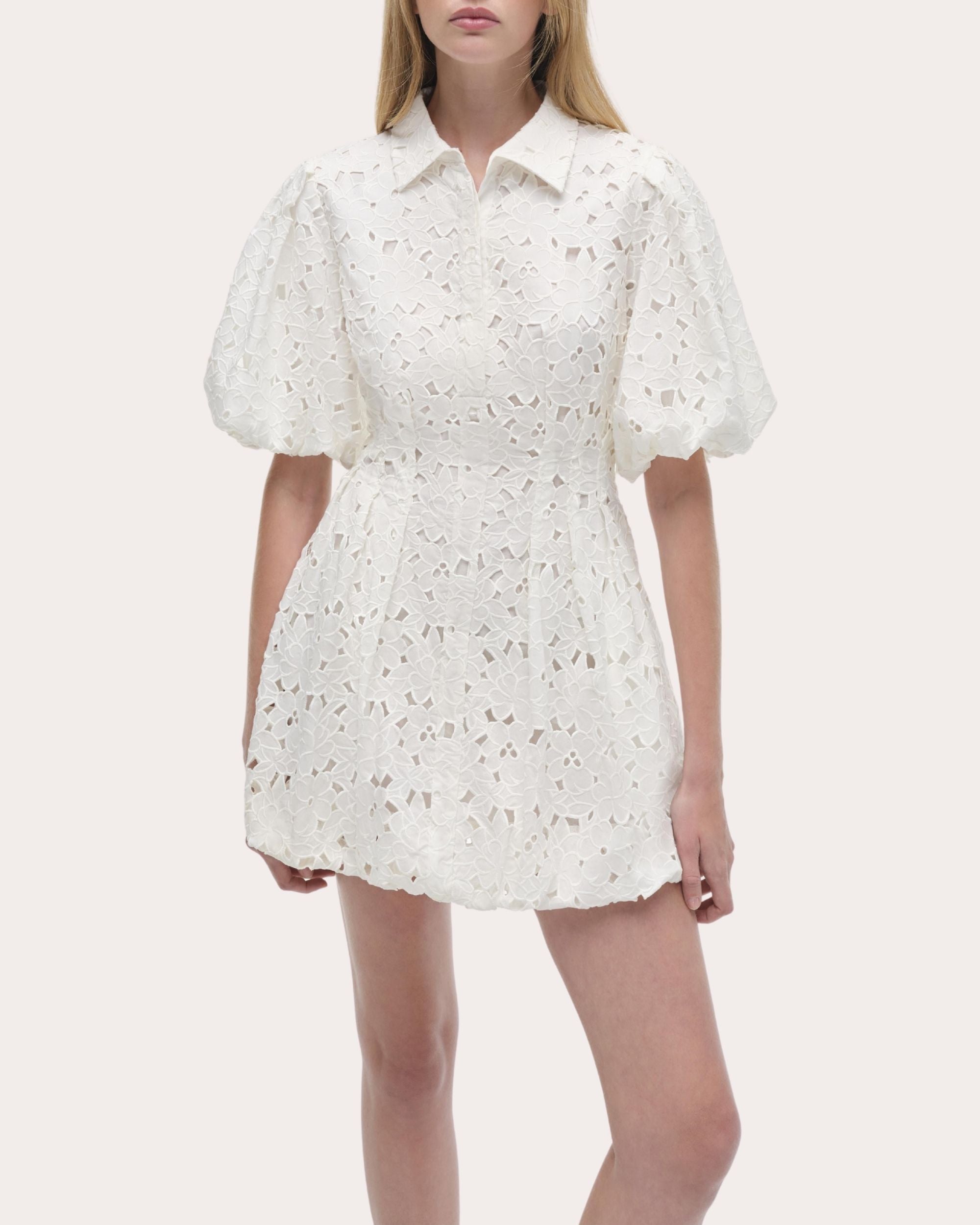 Cleo Embroidered Cotton Puff-Sleeve Mini Shirt Dress