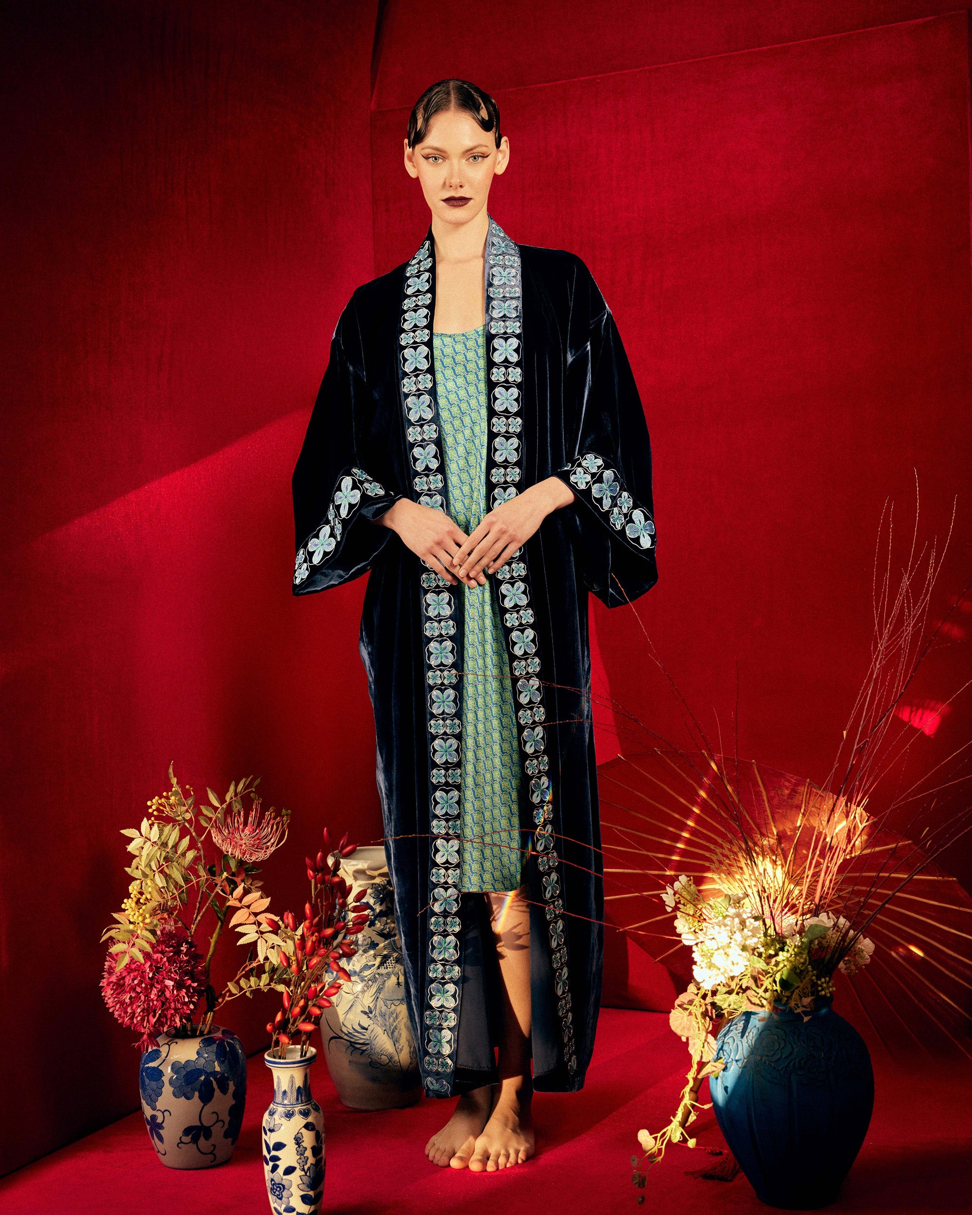 Nikko Embroidered Velvet Long Kimono