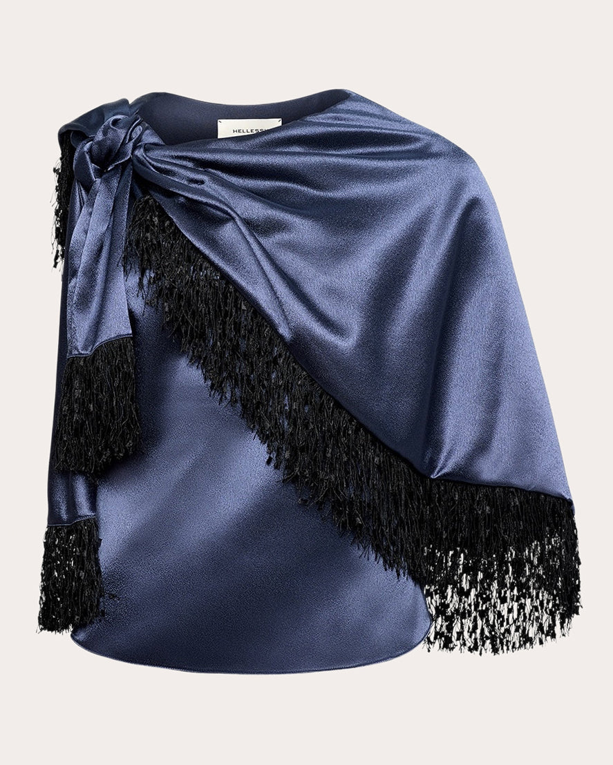 Karina Satin Fringe Asymmetric Cape Blouse