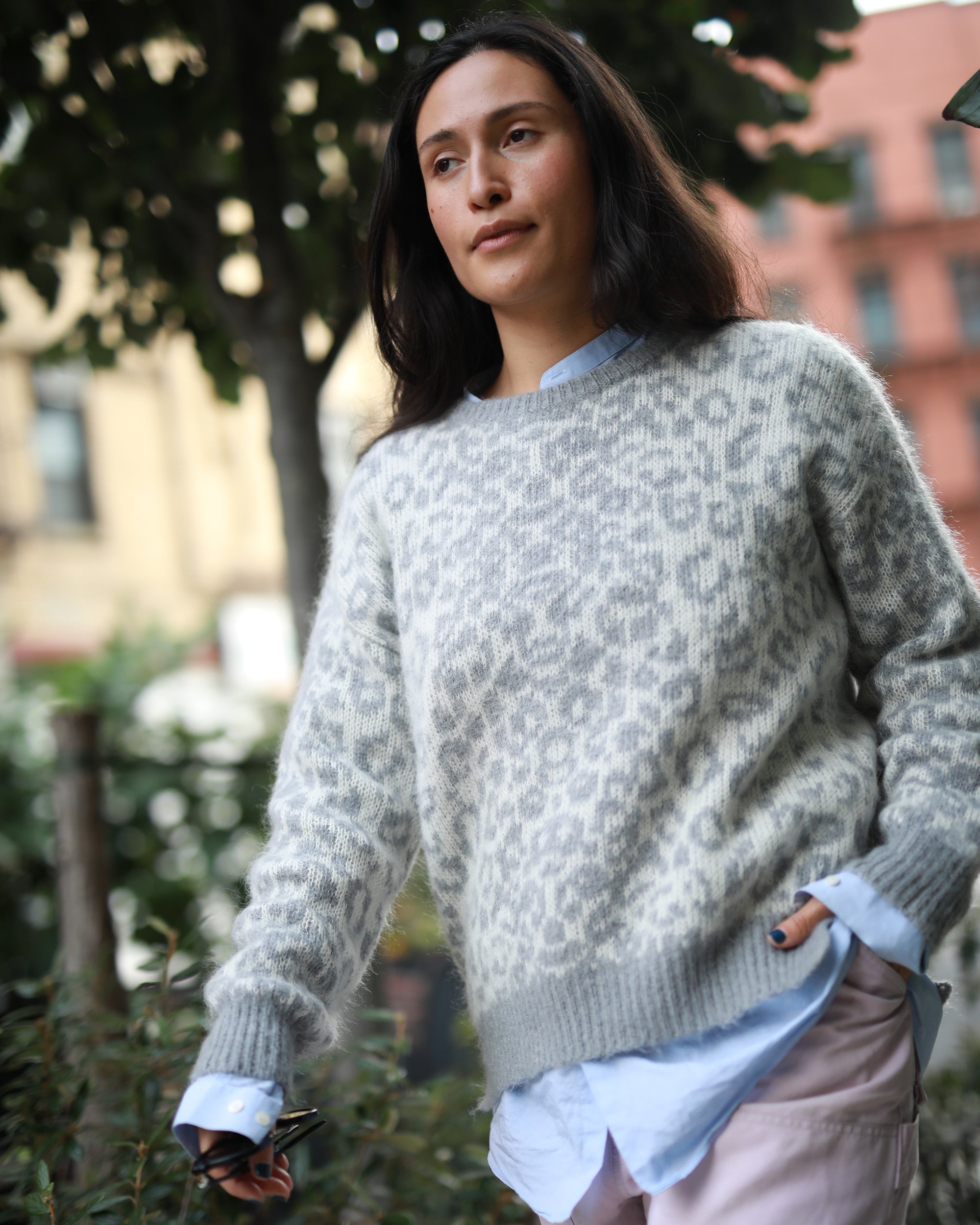 Kimry Leopard Jacquard Brushed Cashmere Wool Sweater