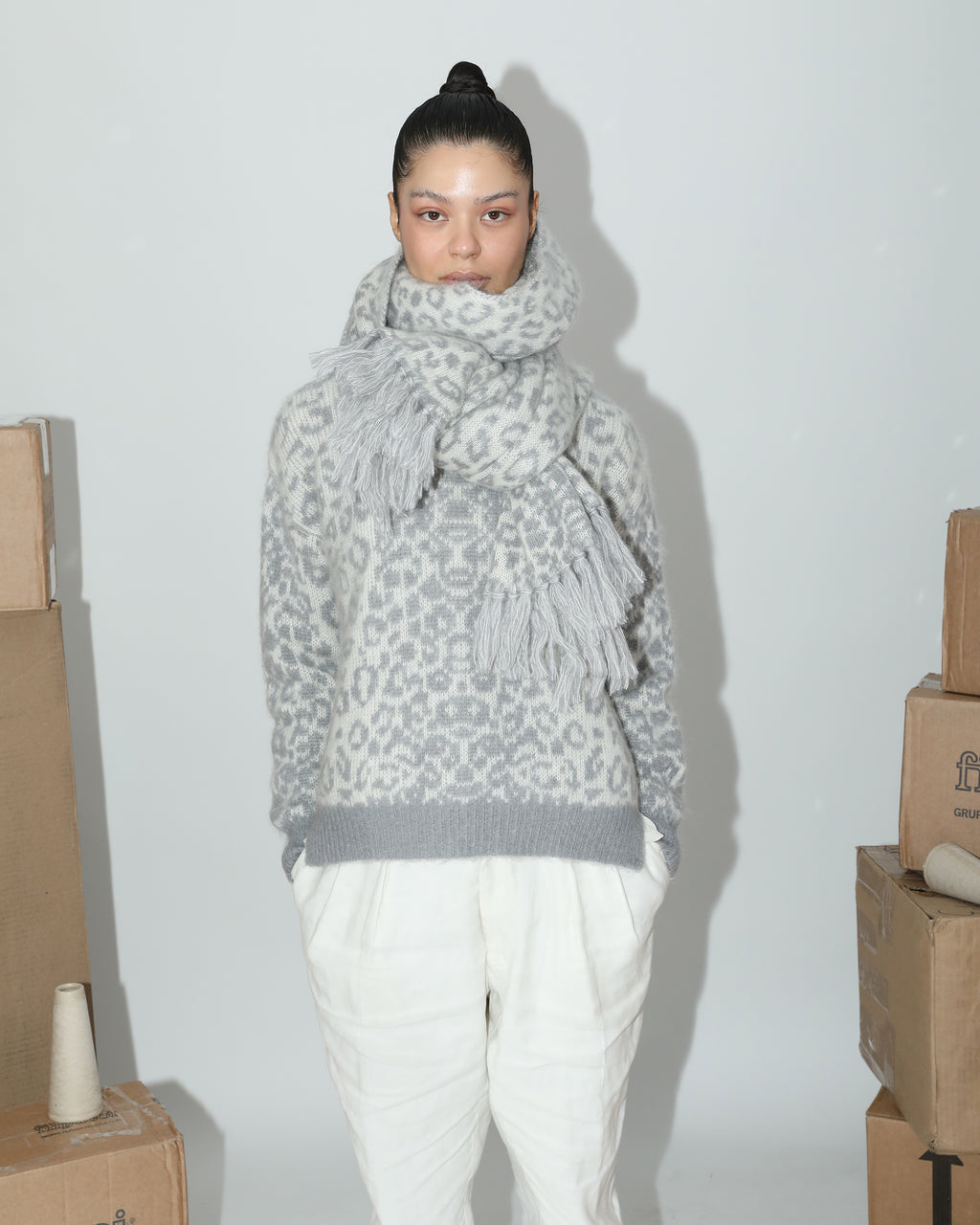 Kimry Leopard Jacquard Brushed Cashmere Wool Sweater