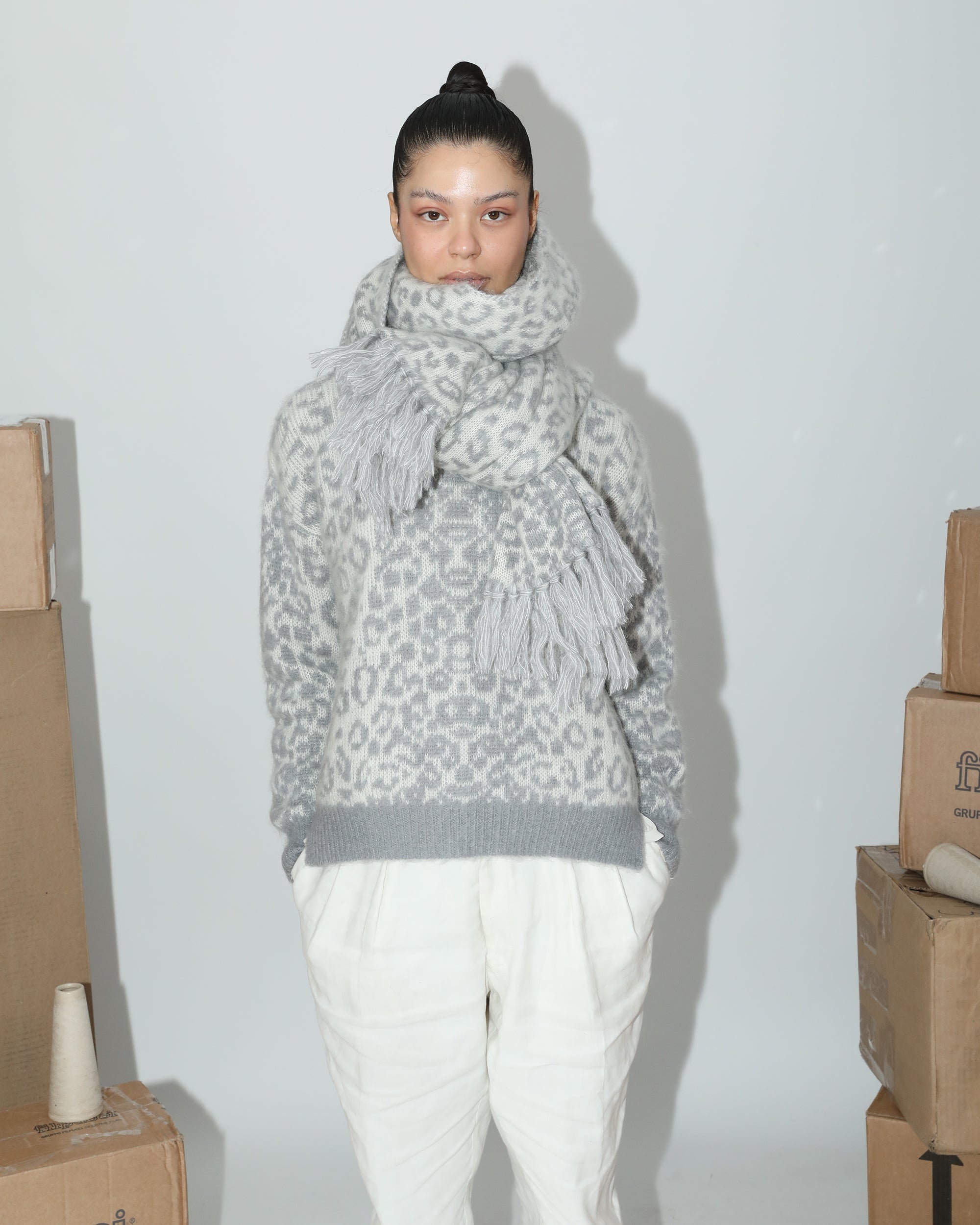 Kimry Leopard Jacquard Brushed Cashmere Wool Sweater