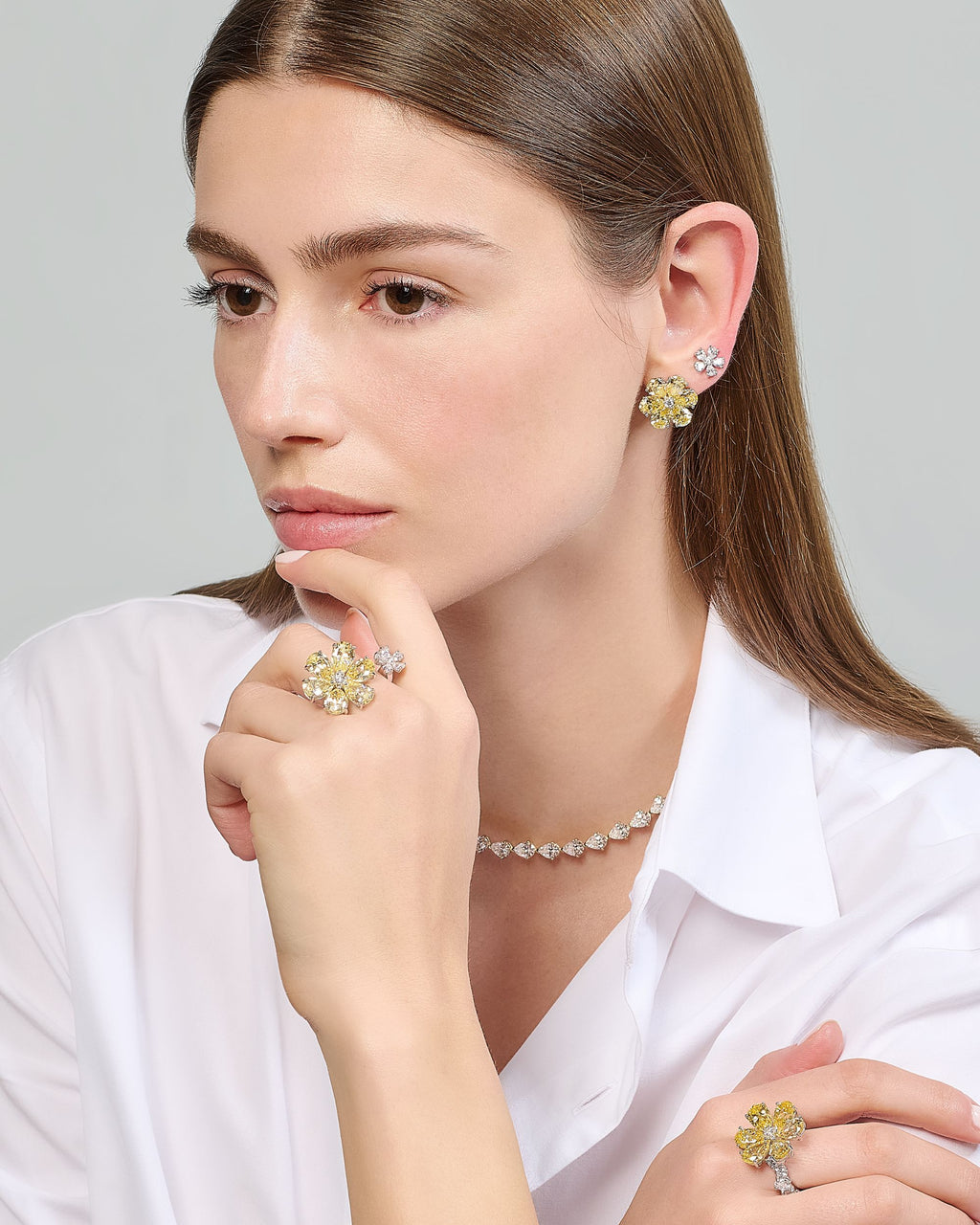White & Canary Diamond Marguerite Daisy Stud Earrings
