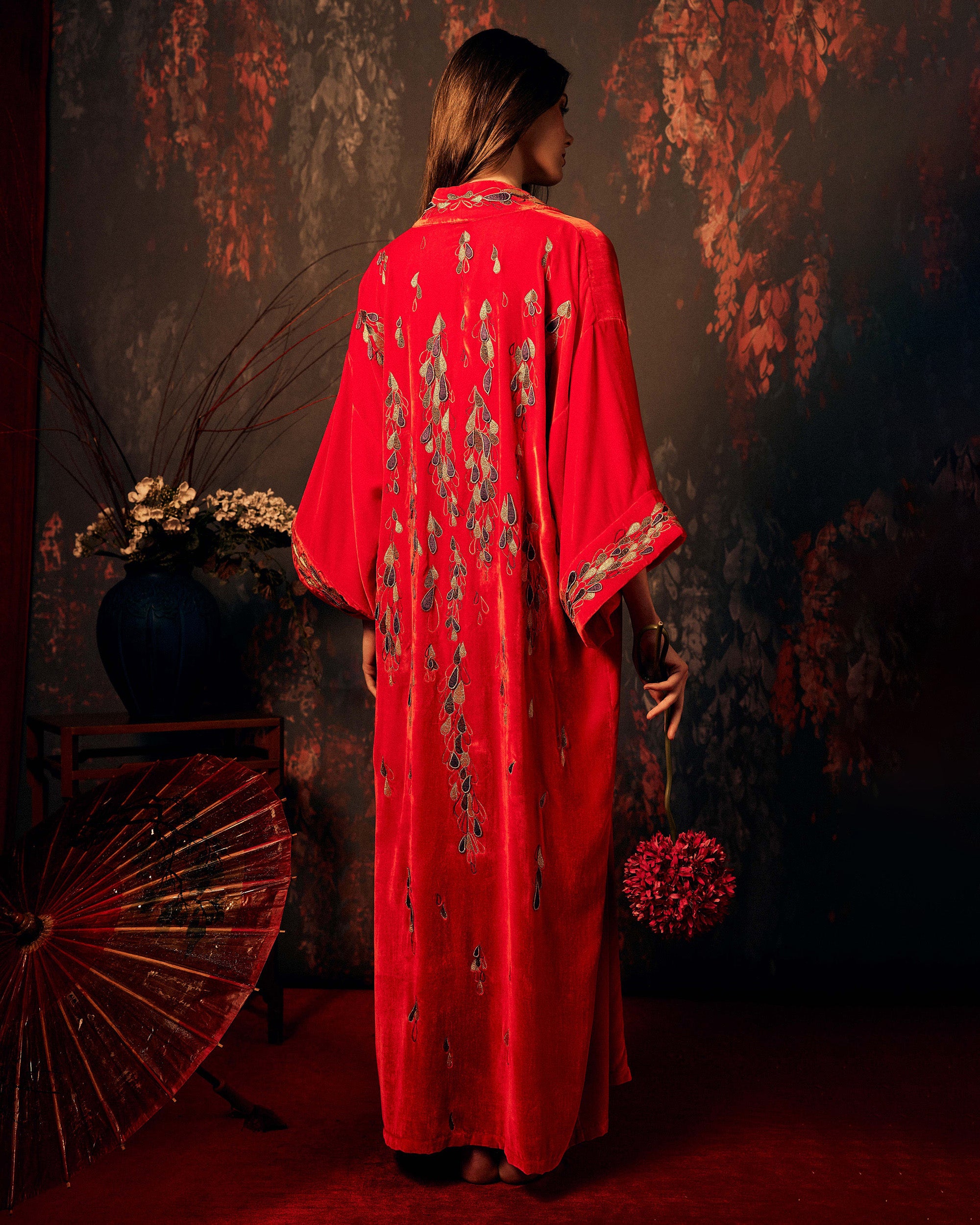 Nikko Embroidered Velvet Long Kimono
