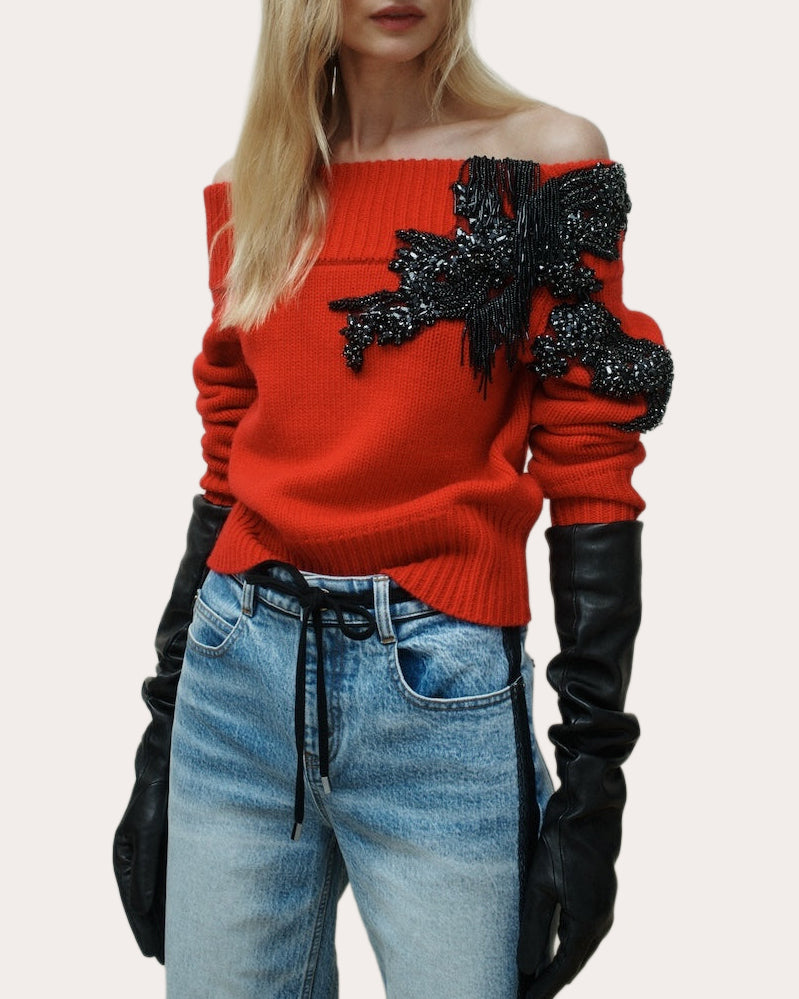 Nolt Beaded Wool Cashmere Off-Shoulder Sweater