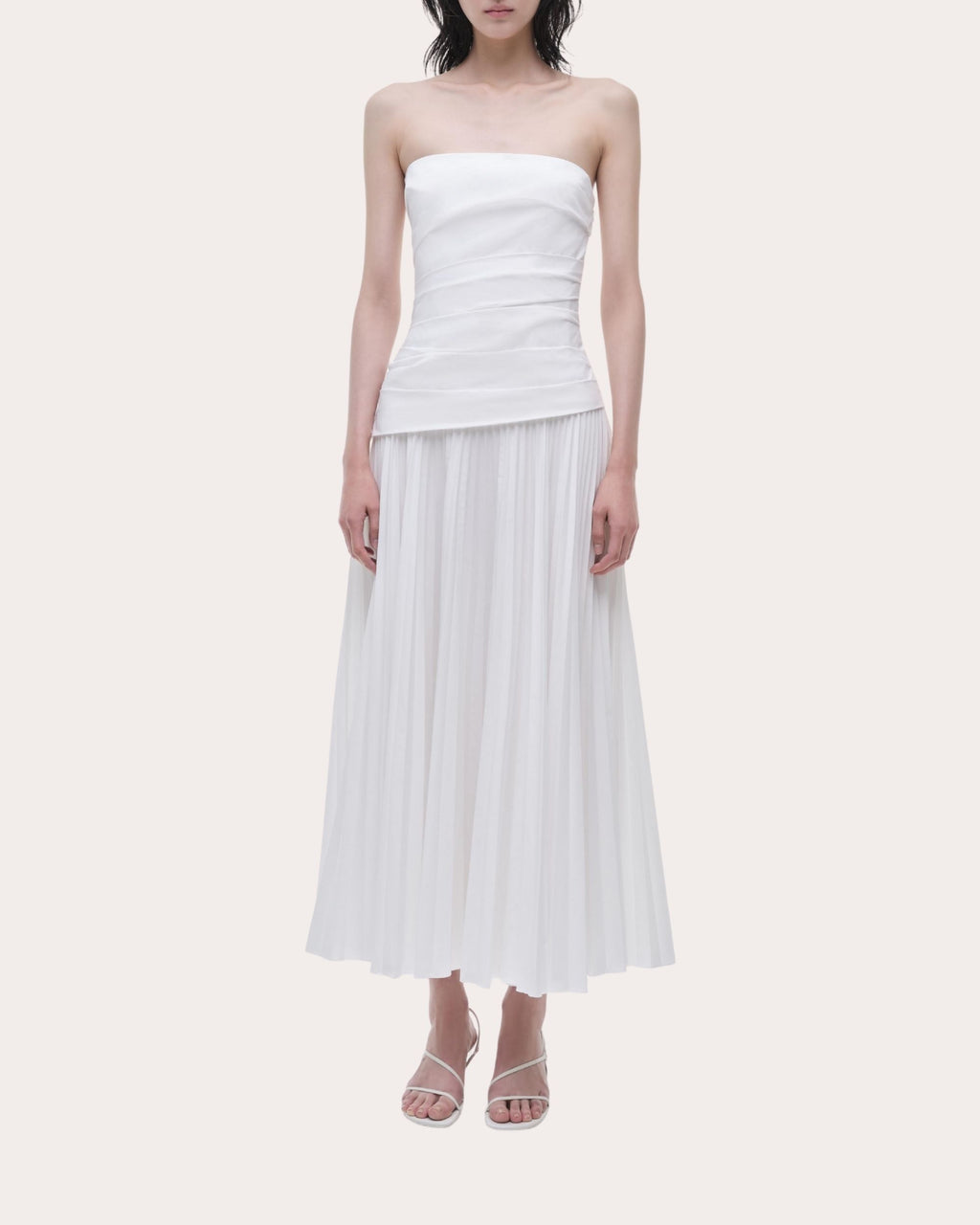 Arie Pleated Poplin Strapless Bustier Midi Dress