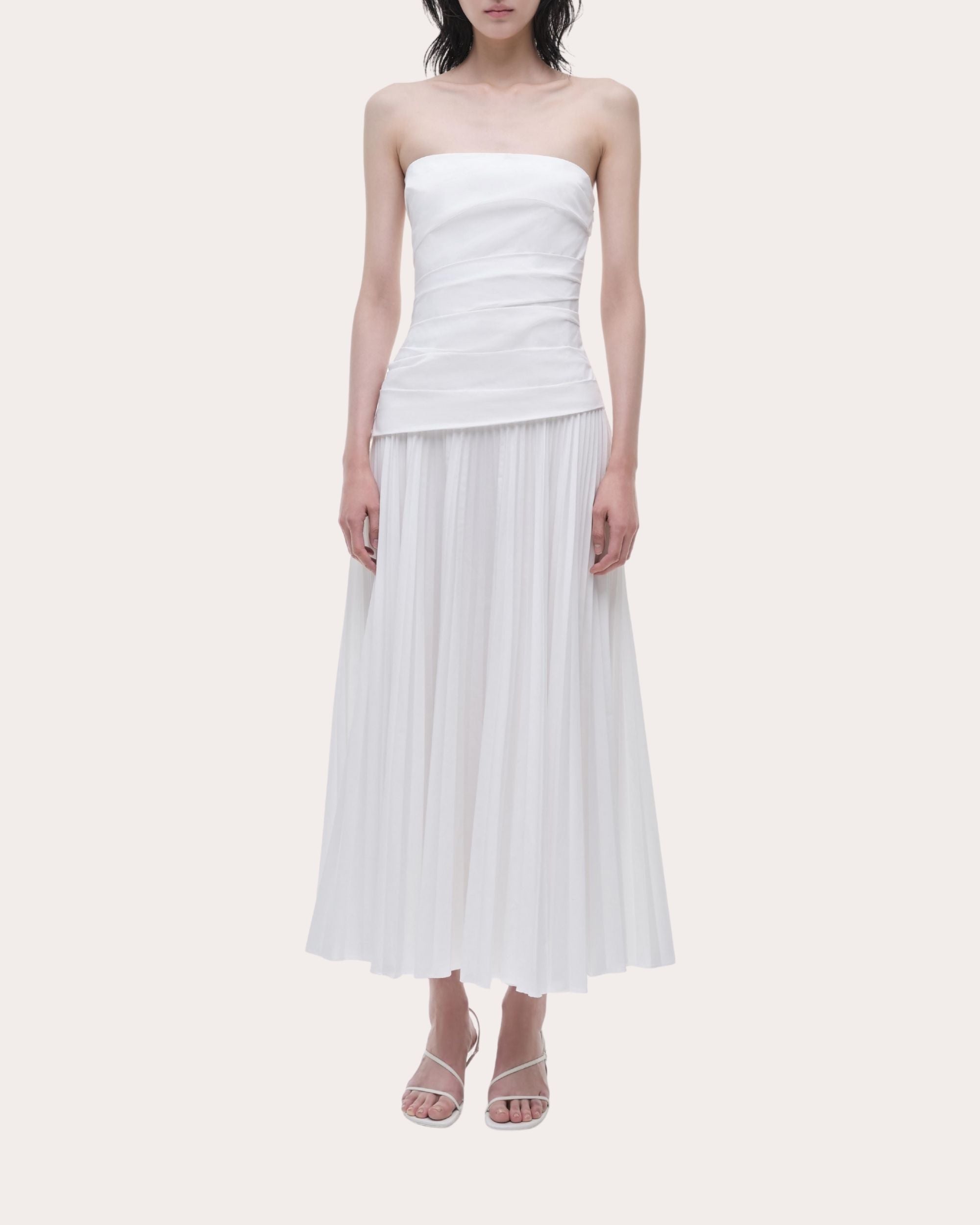 Arie Pleated Poplin Strapless Bustier Midi Dress