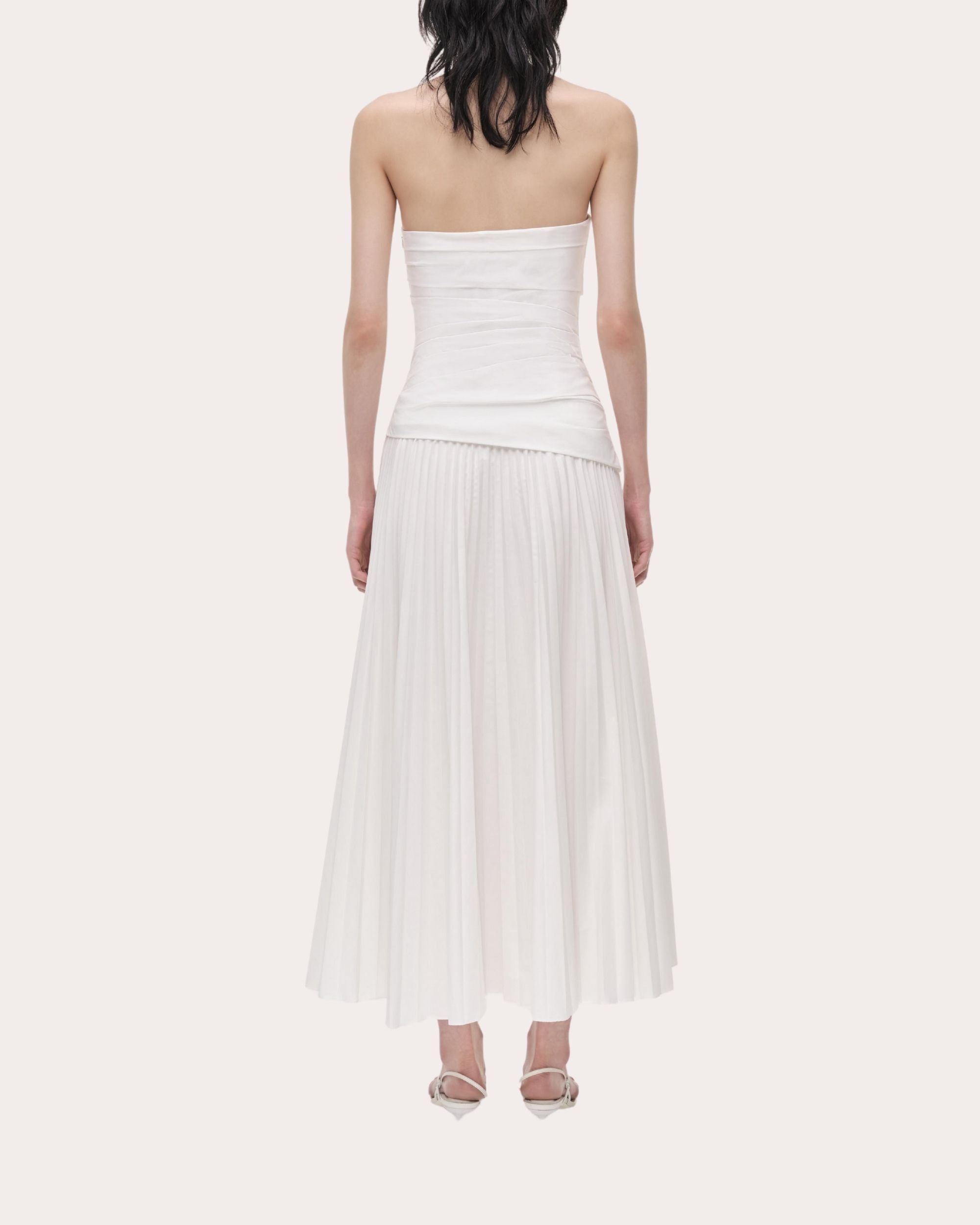 Arie Pleated Poplin Strapless Bustier Midi Dress