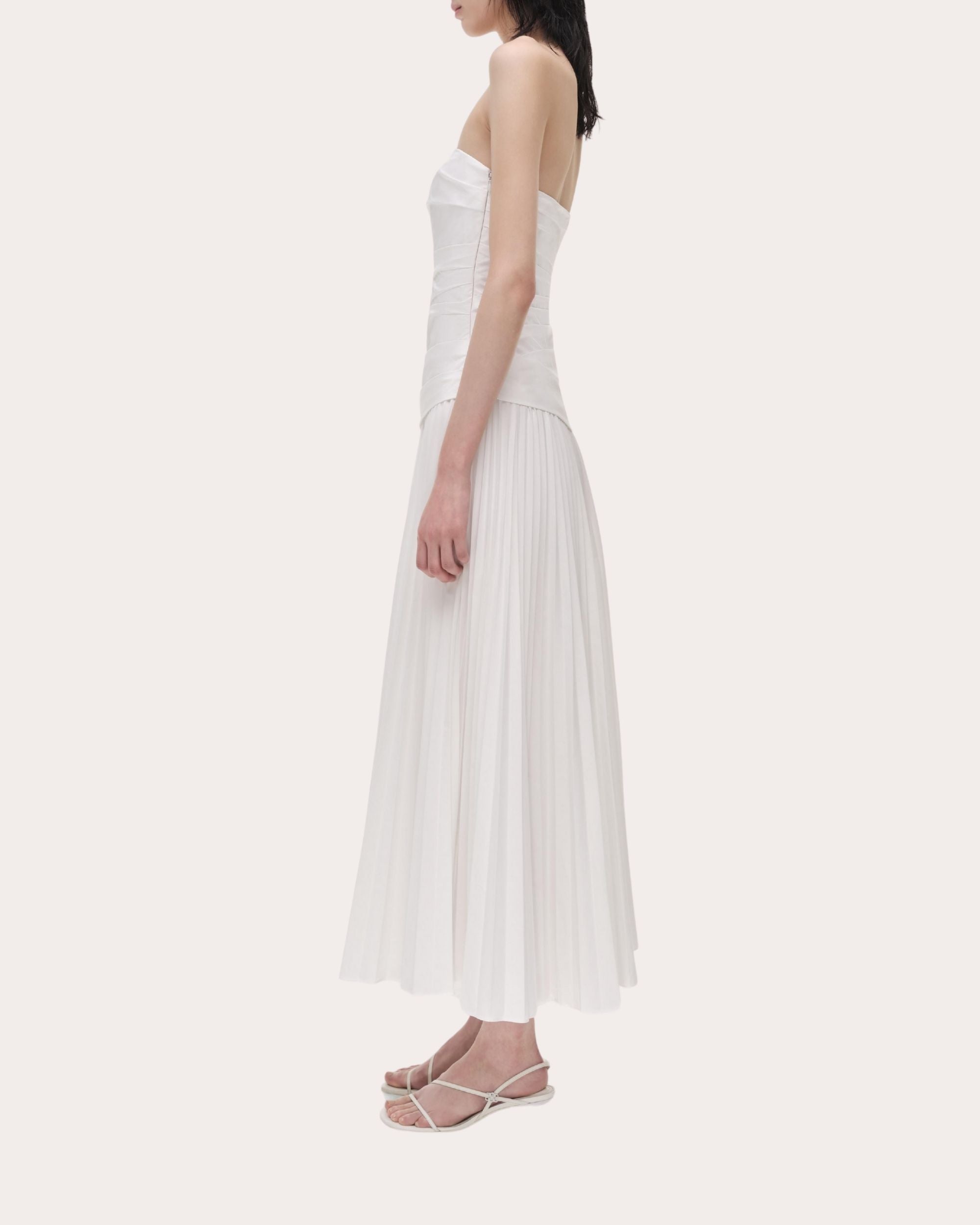 Arie Pleated Poplin Strapless Bustier Midi Dress