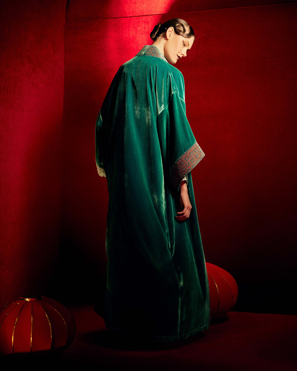 Nikko Embroidered Velvet Long Kimono