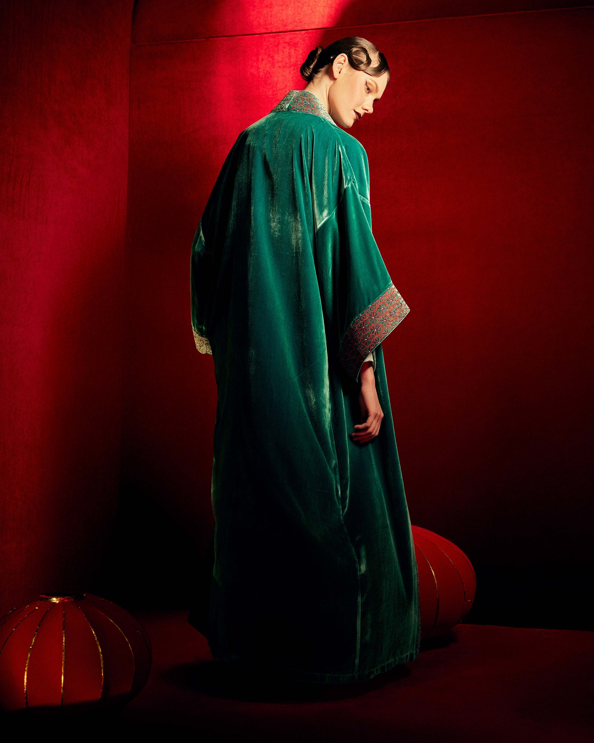 Nikko Embroidered Velvet Long Kimono