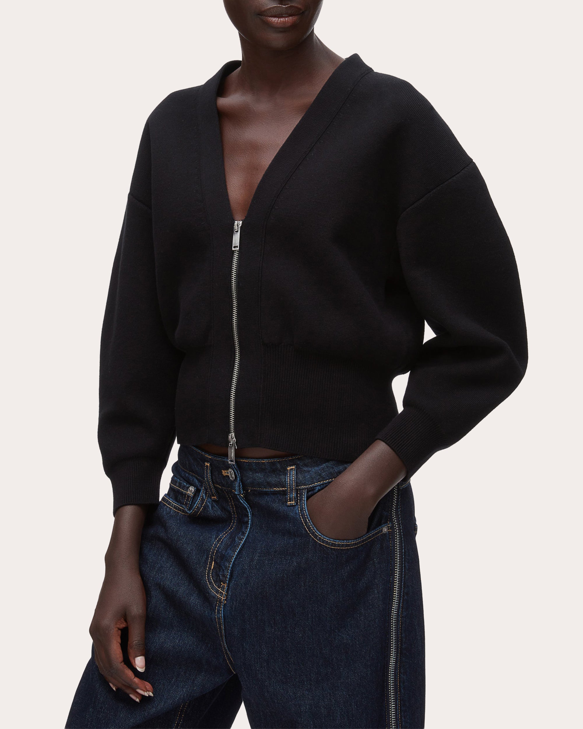 Knit Cotton Sculpted-Sleeve Crop Cardigan