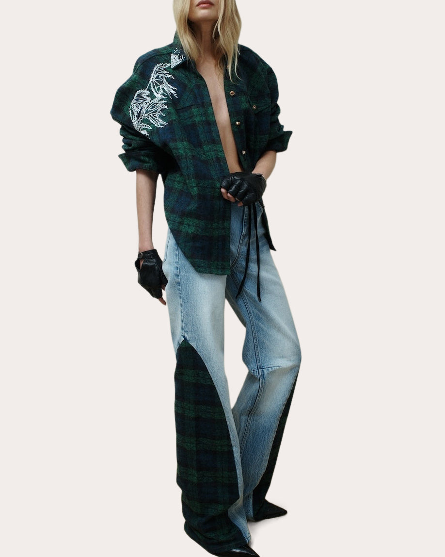 Ox Embellished Plaid High-Low Shirt