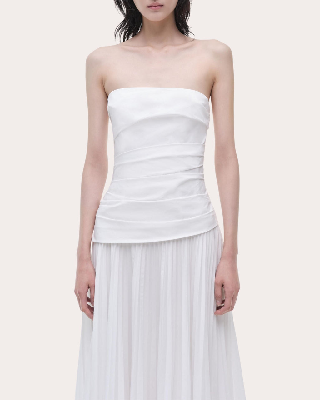 Arie Pleated Poplin Strapless Bustier Midi Dress