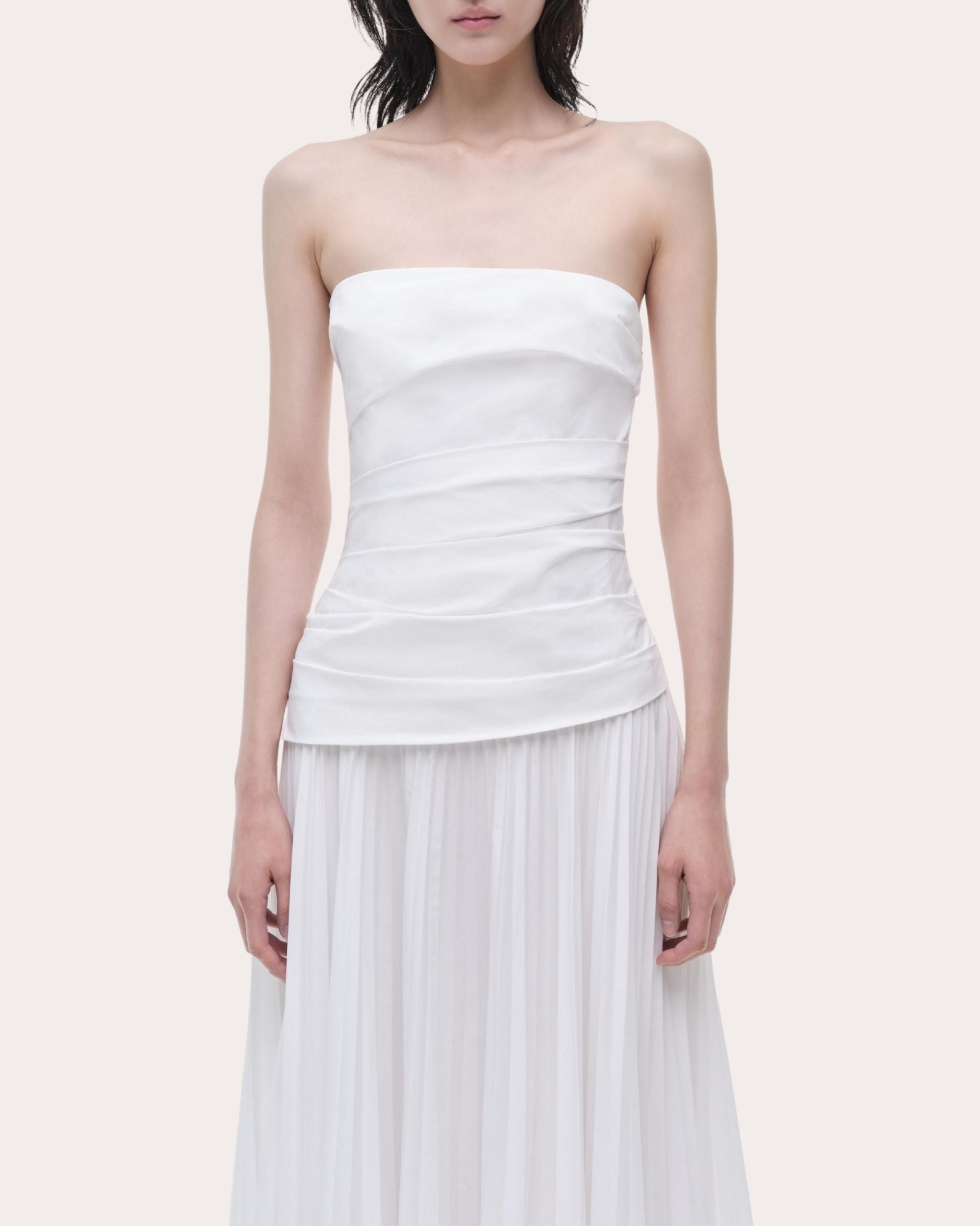 Arie Pleated Poplin Strapless Bustier Midi Dress