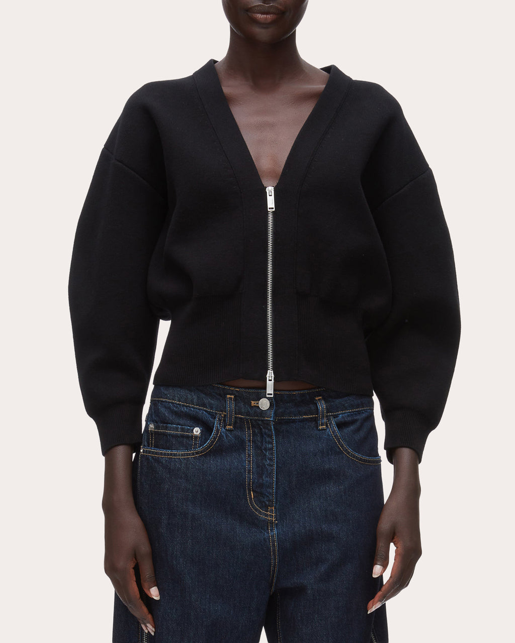 Knit Cotton Sculpted-Sleeve Crop Cardigan