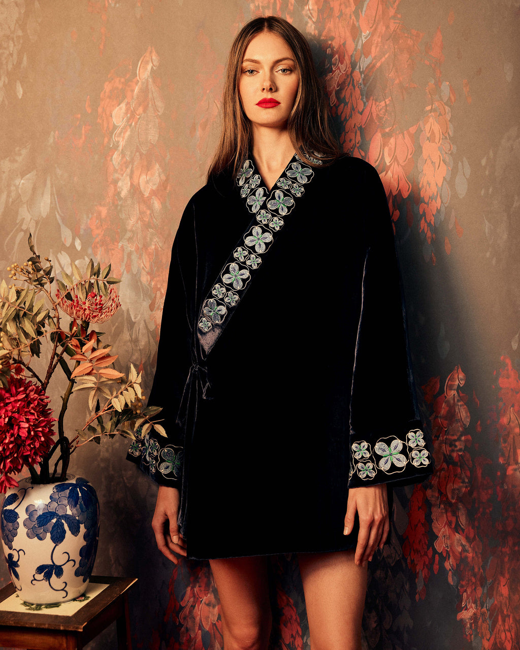 Hanten Embroidered Velvet Wrap Jacket