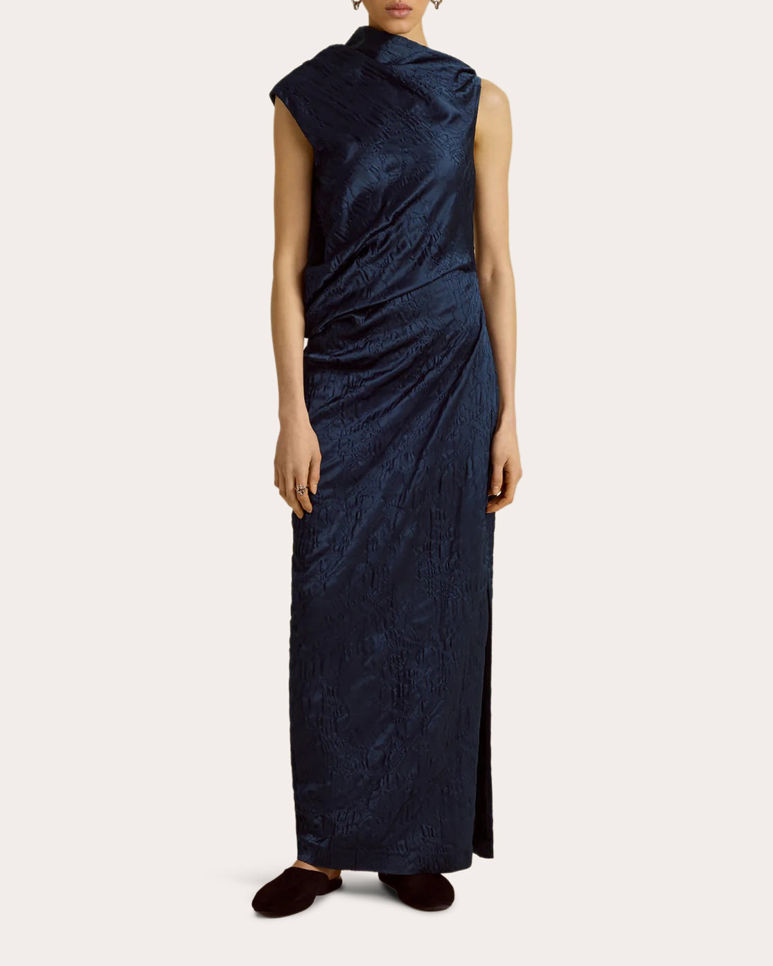 Satin Jacquard Asymmetric Drape Column Dress US 8 / Blue