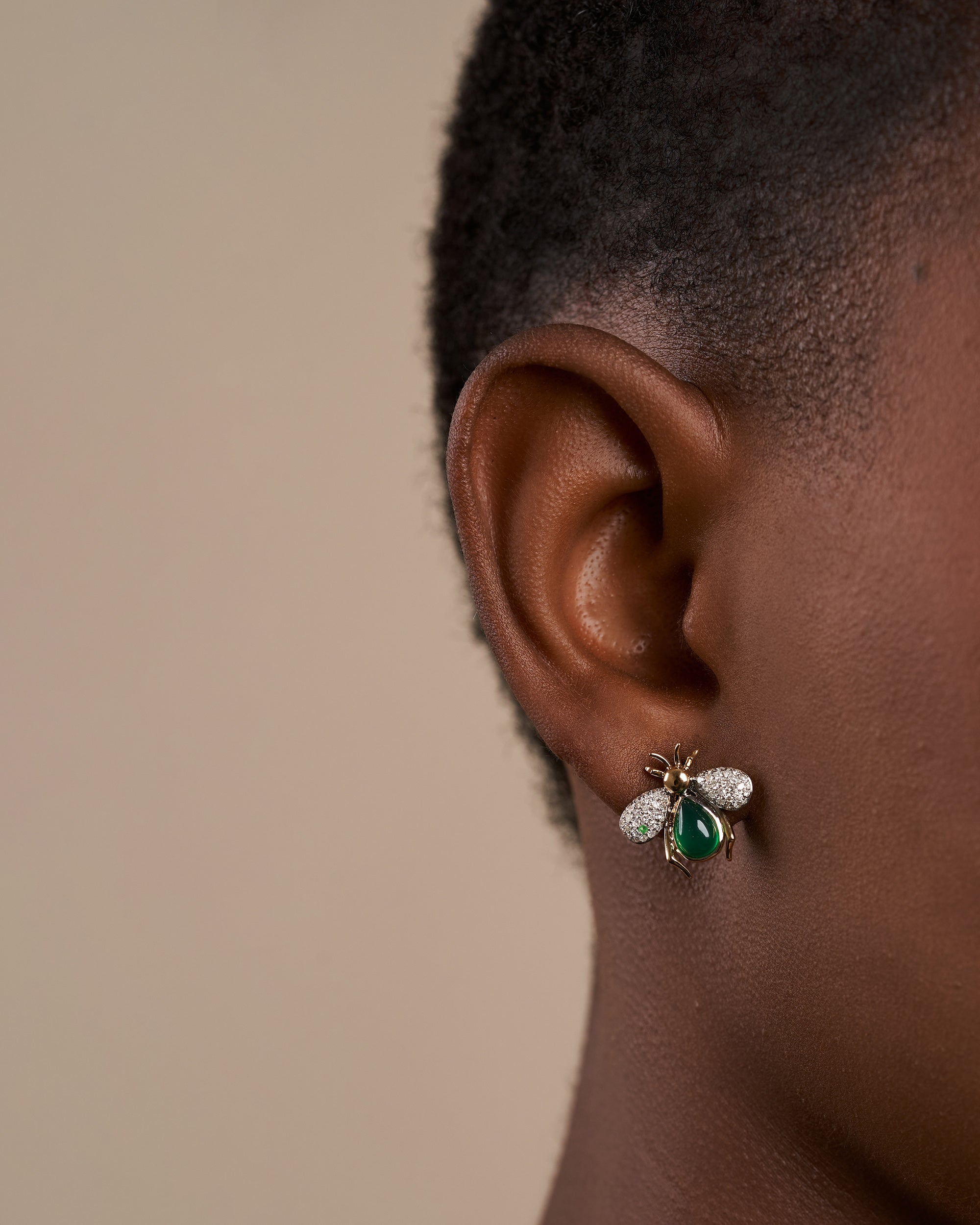 Abejas Real 18K Gold Jade and Diamond Stud Earrings