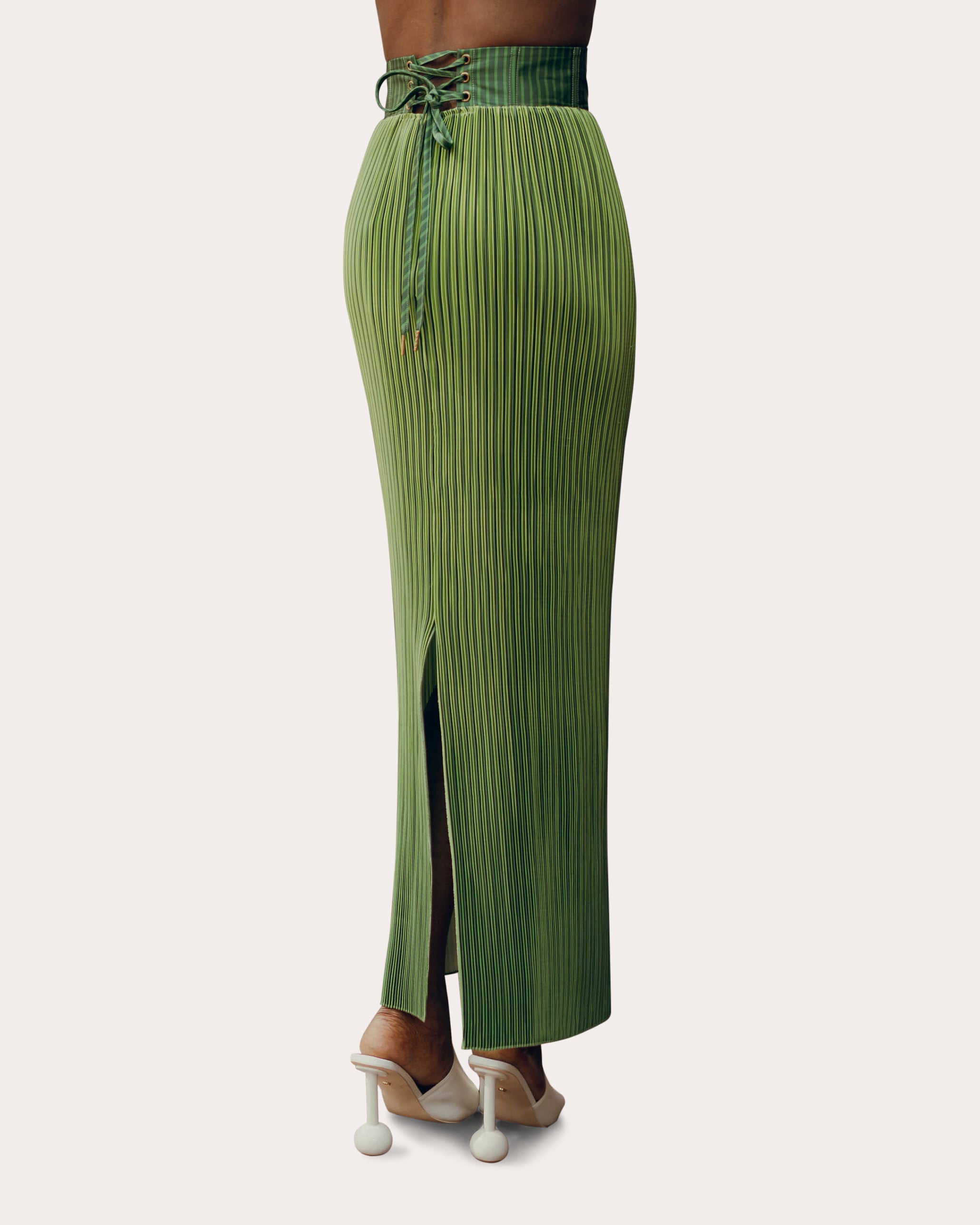 Beka Stripe Satin Pleated Corset Maxi Skirt