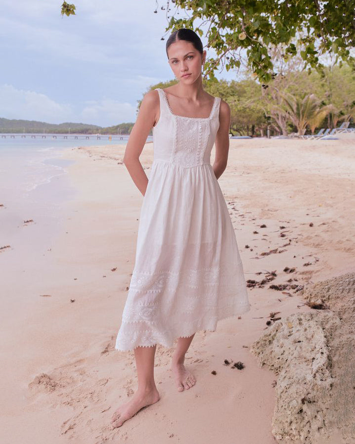 Alba Embroidered Cotton Corset Midi Dress