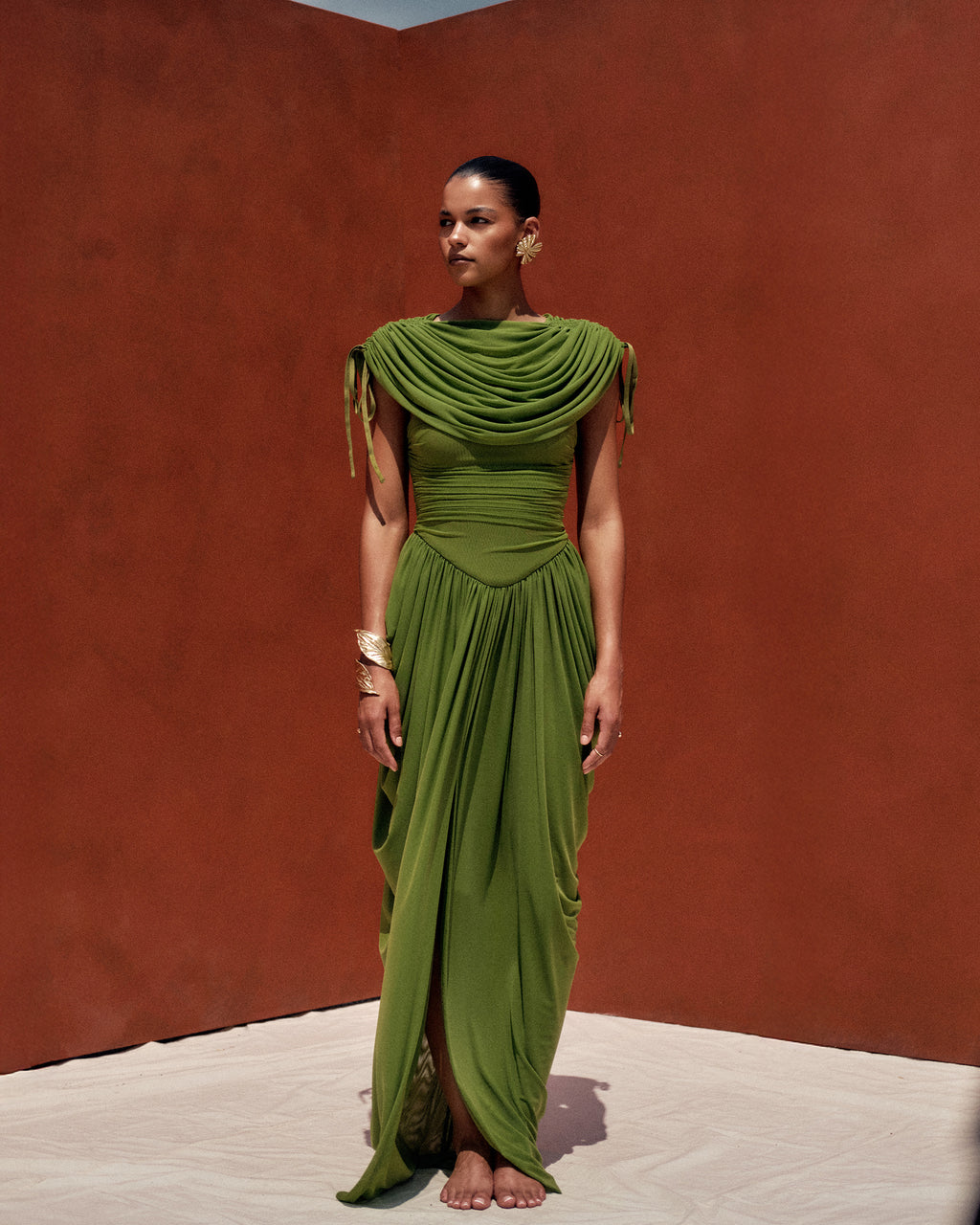 Katu Gathered Mesh Drop-Waist Cape Maxi Dress
