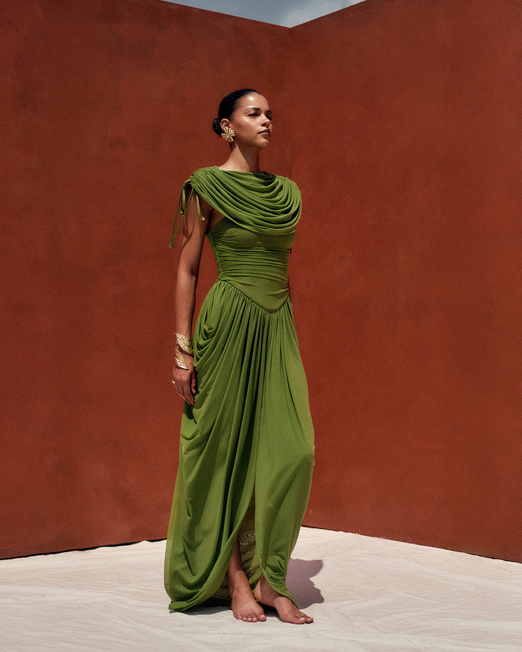 Katu Gathered Mesh Drop-Waist Cape Maxi Dress