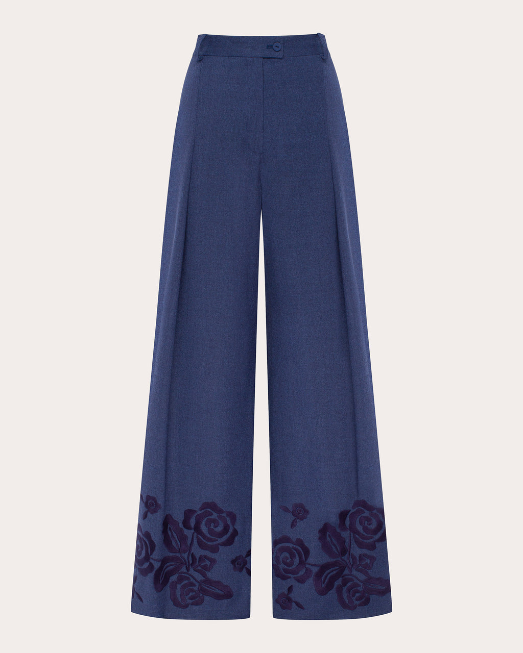 Velvet Rose Embroidered Wool Wide-Leg Pants
