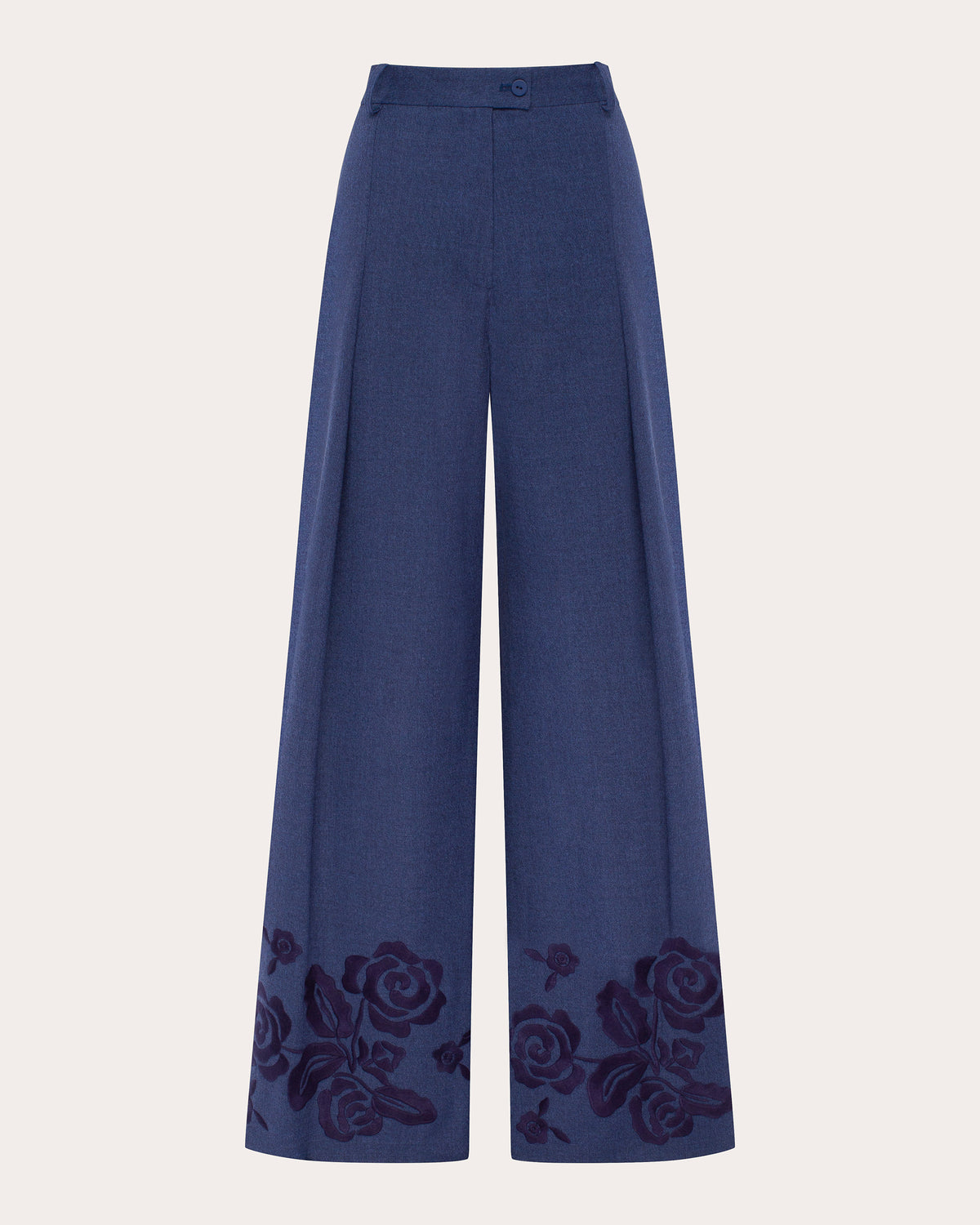 Velvet Rose Embroidered Wool Wide-Leg Pants