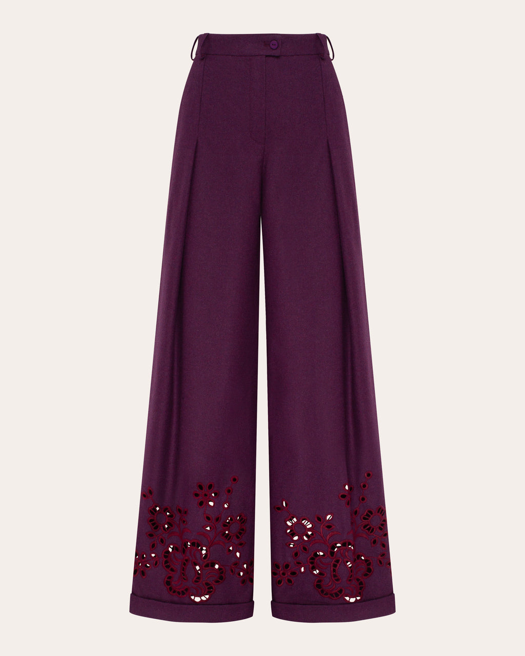 Burgundy Rose Embroidered Cutwork Wide-Leg Pants